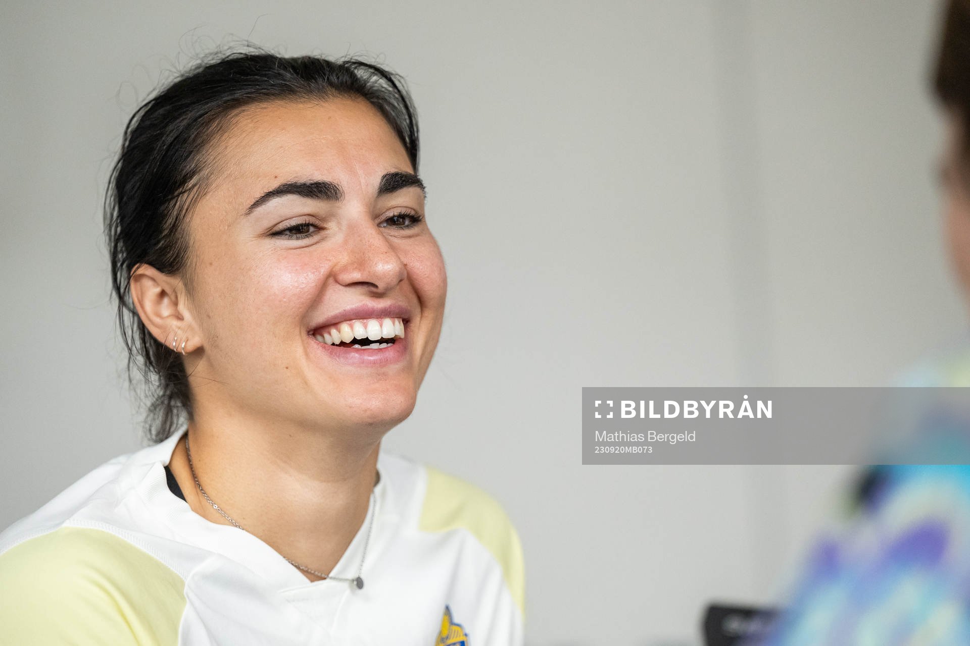 Goalkeeper Zecira Musovic is interviewed after a training session with the Swedish women's national football team on September 20, 2023 in Göteborg.