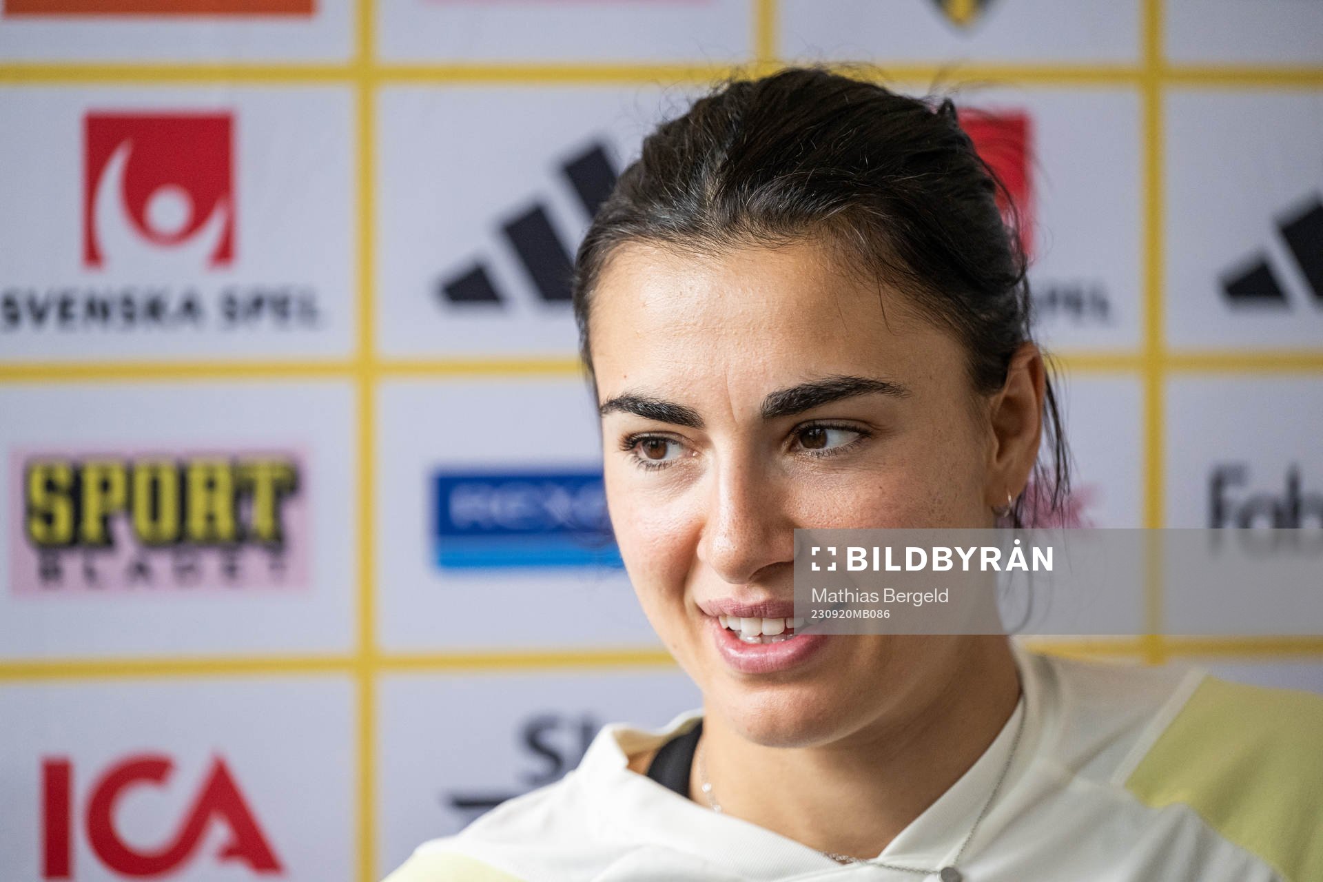 Goalkeeper Zecira Musovic is interviewed after a training session with the Swedish women's national football team on September 20, 2023 in Göteborg.