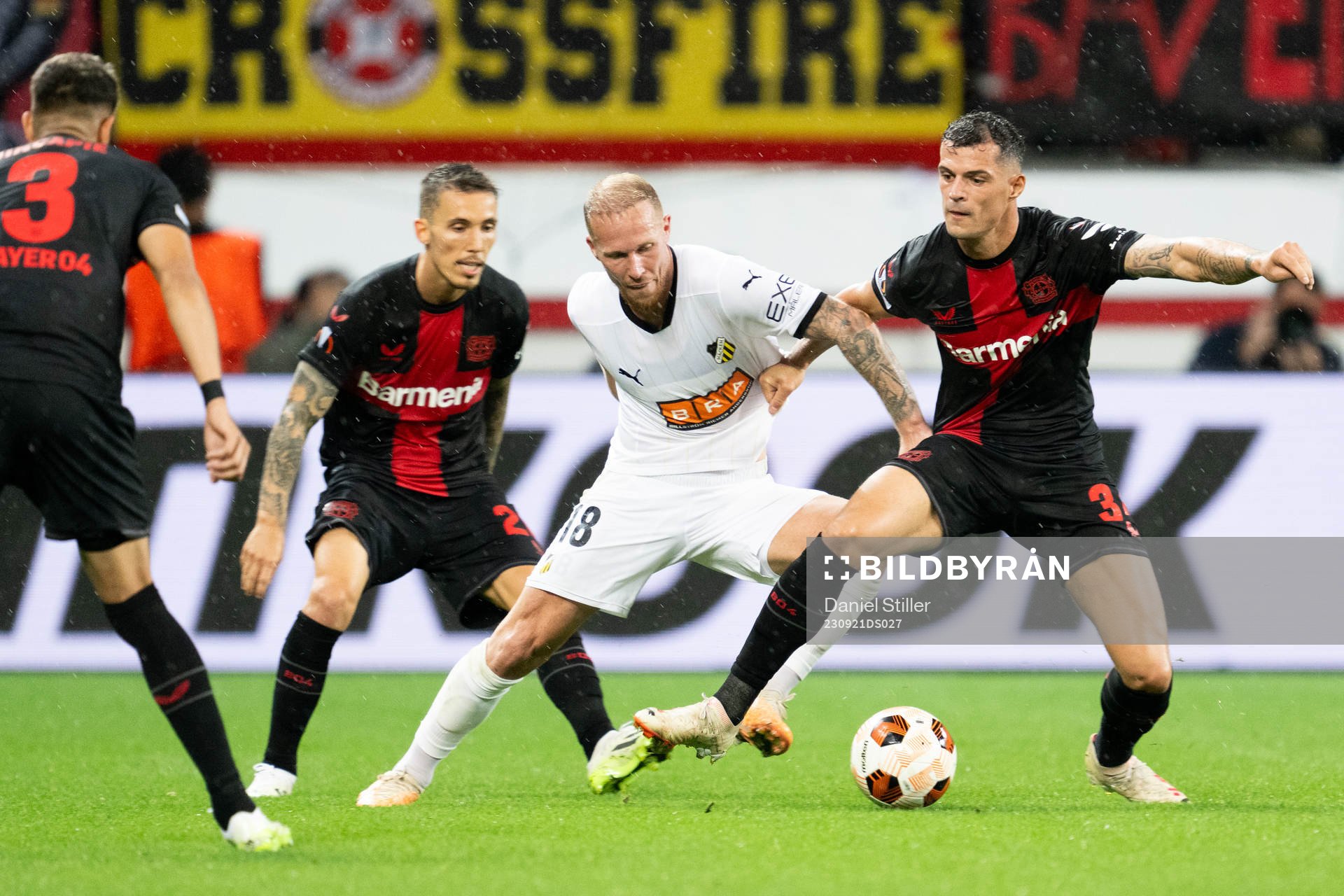 Mikkel Rygaard Jensen of Häcken and Granit Xhaka of Bayer