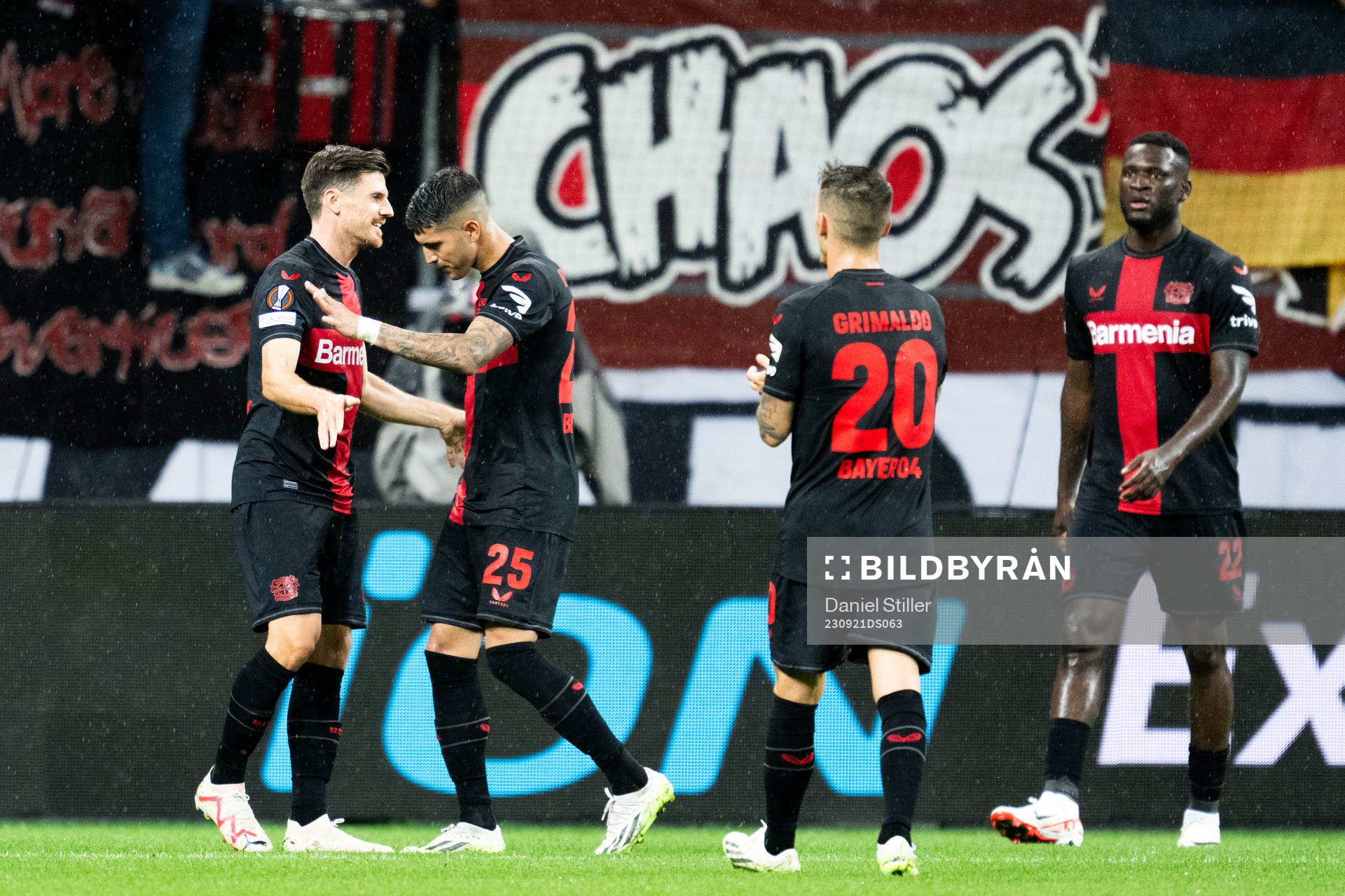 Jonas Hofmann of Bayer Leverkusen celebrates after scoring 4-0 during the UEFA Europa League football match between Bayer Leverkusen and Häcken on September 21, 2023 in Leverkusen.