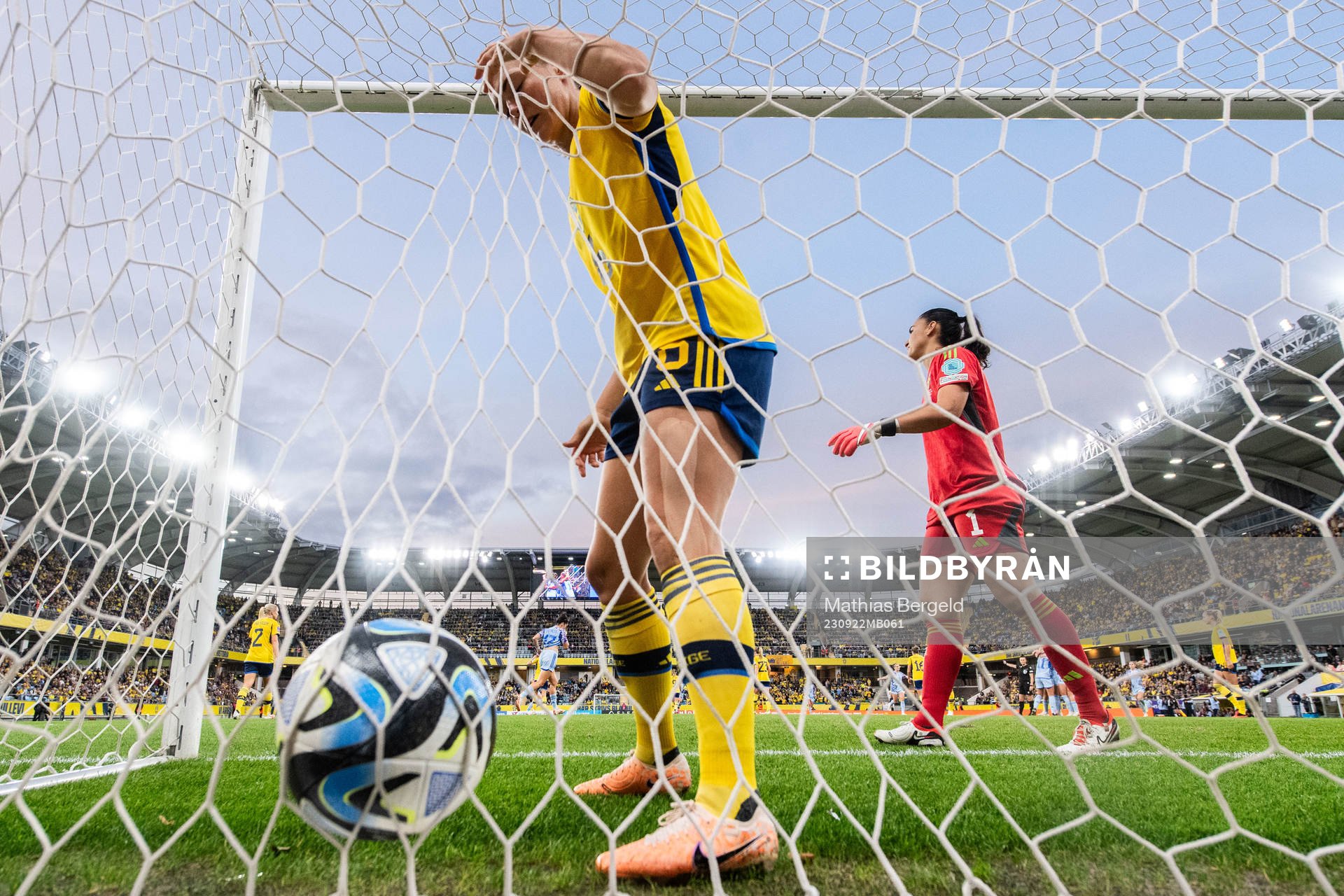 Magdalena Eriksson and goalkeeper Zecira Musovic of Sweden