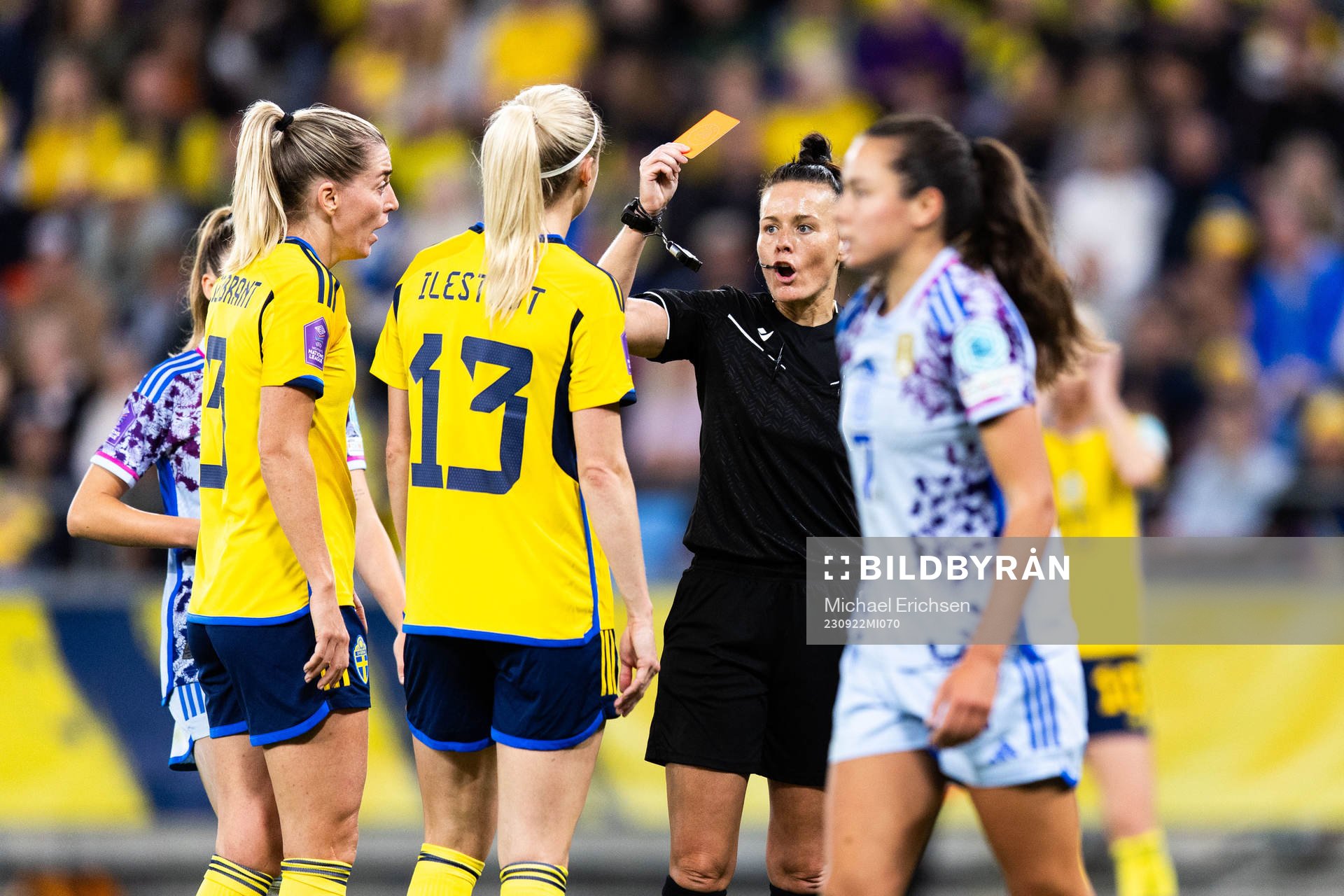 Amanda Ilestedt of Sweden receives a red card