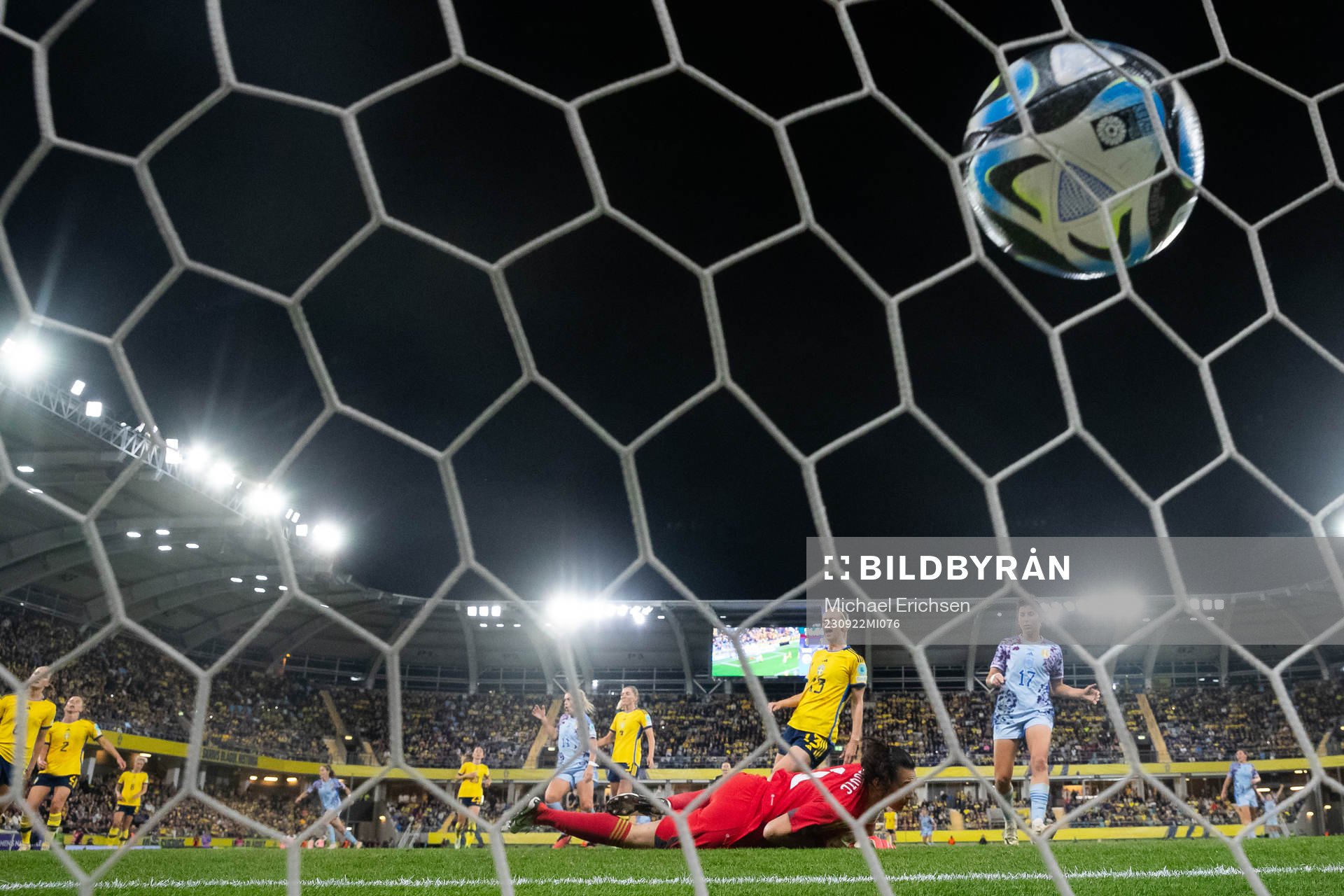 Eva Navarro of Spain scores 1-2 behind goalkeeper Zecira