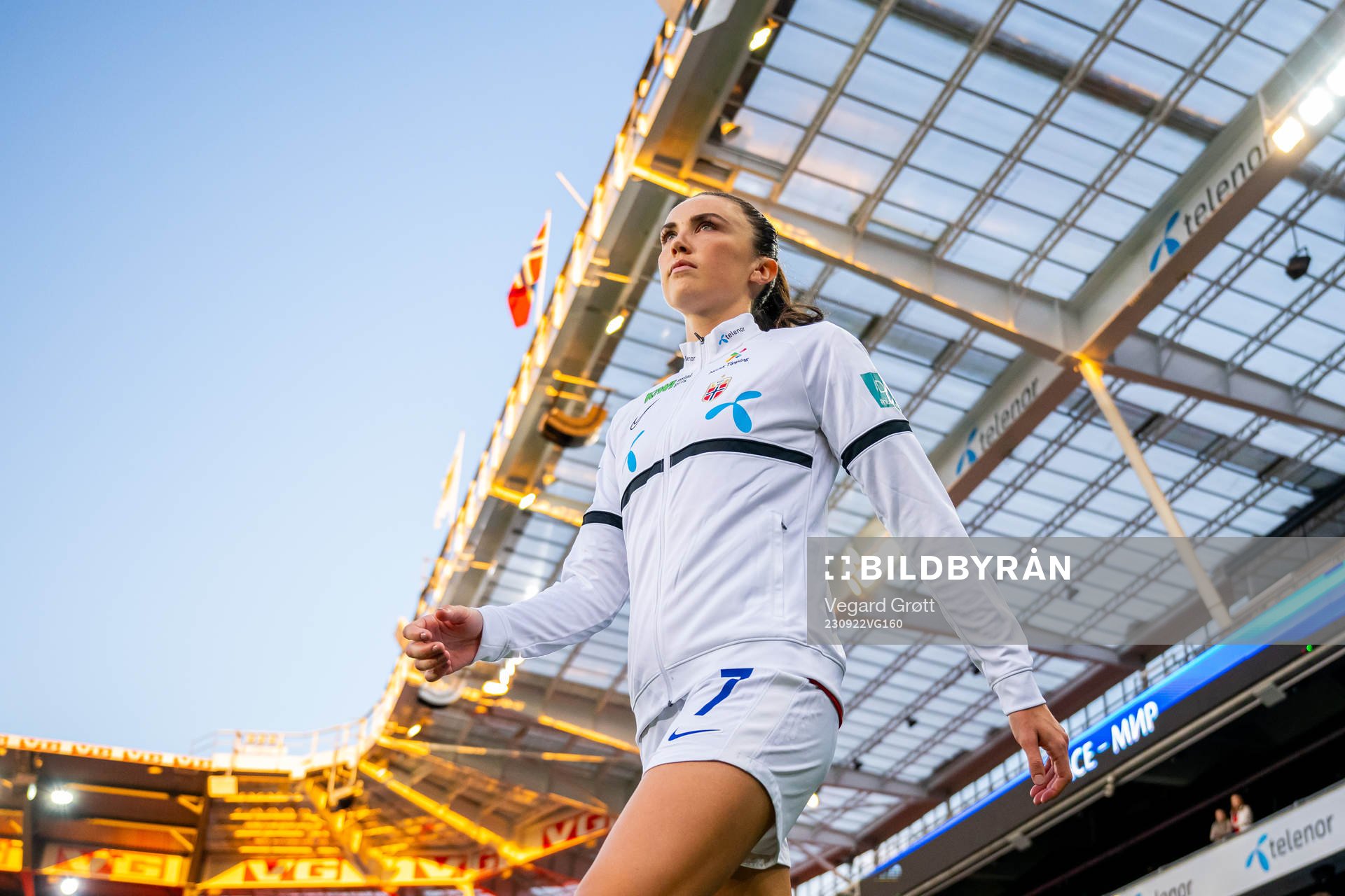 Ingrid Syrstad Engen of Norway enters the pitch
