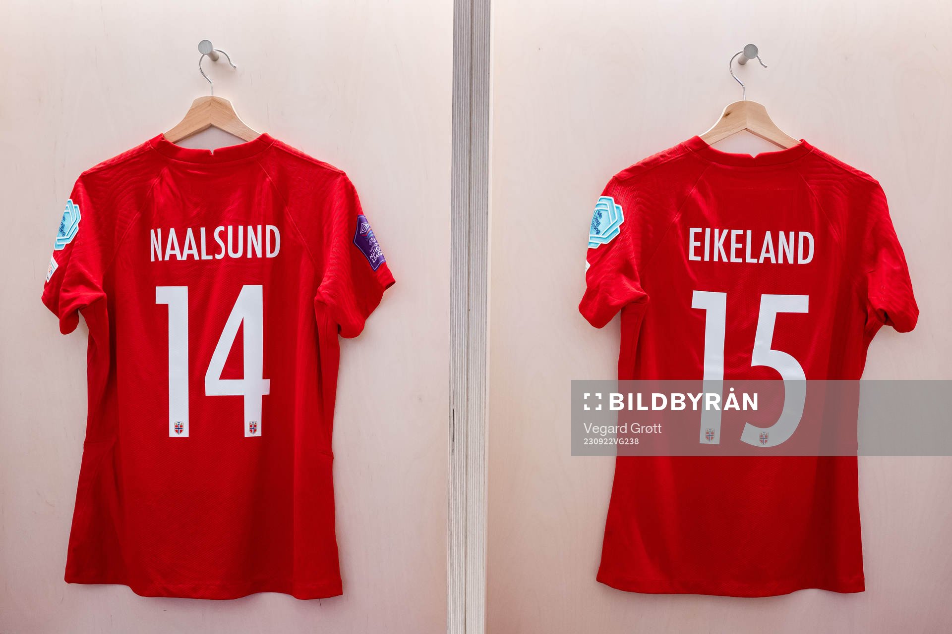 The kits of Lisa Naalsund and Amalie Eikeland of Norway in the dressing room ahead of the UEFA Women’s Nations League football match between Norway and Austria on September 22, 2023 in Oslo.