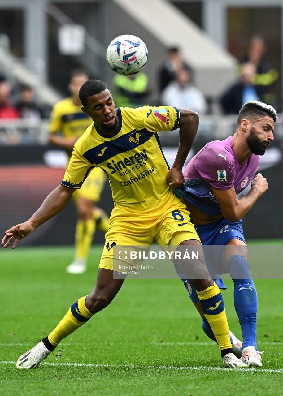  Db Milano 23/09/2023 - campionato di calcio serie A / Milan-Hellas Verona / foto Daniele Buffa/Image Sport nella foto: Olivier Giroud - Isak Hien.