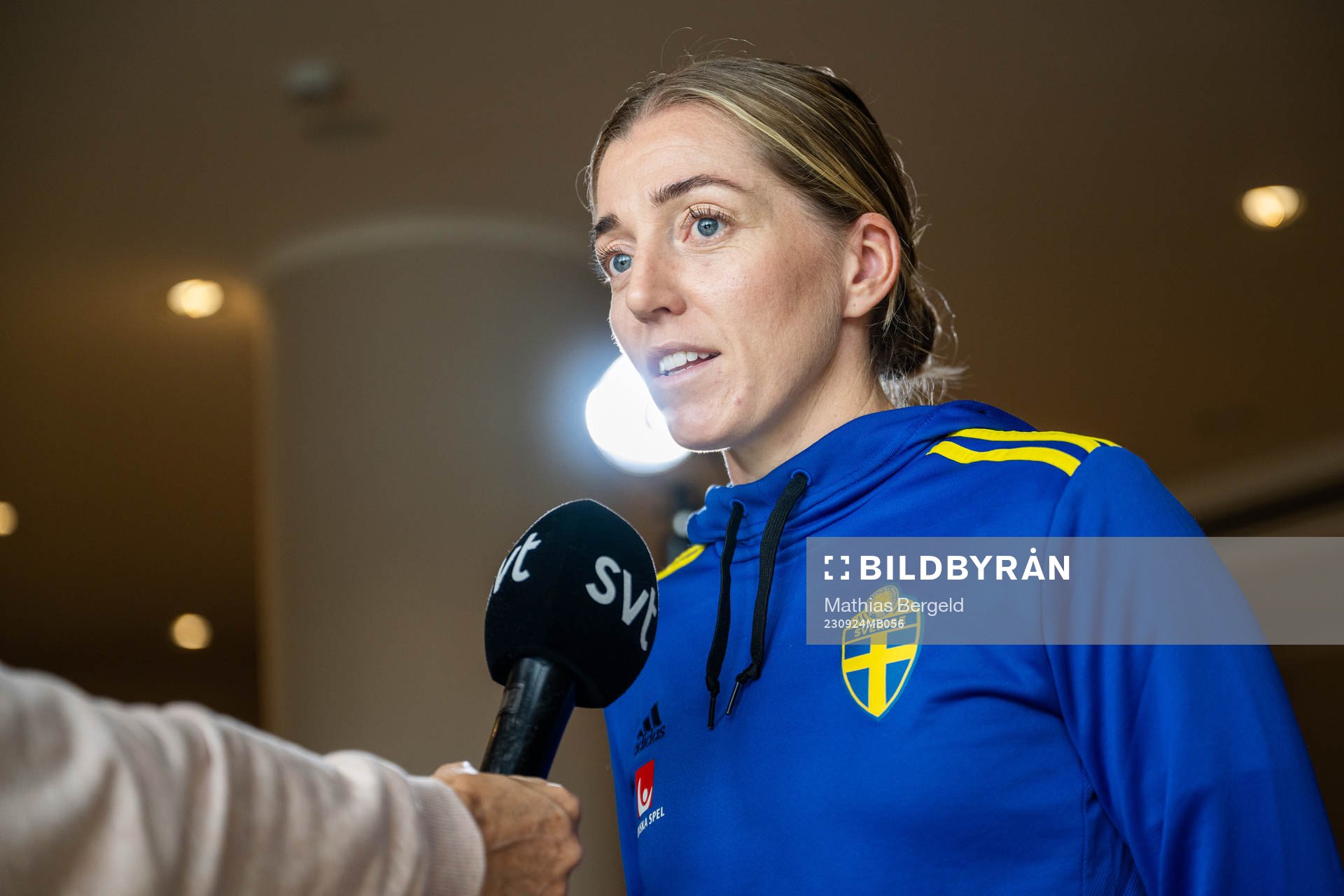 Linda Sembrant of the Swedish women's national football team is interviewed during a press event on September 24, 2023 in Rivisondoli.