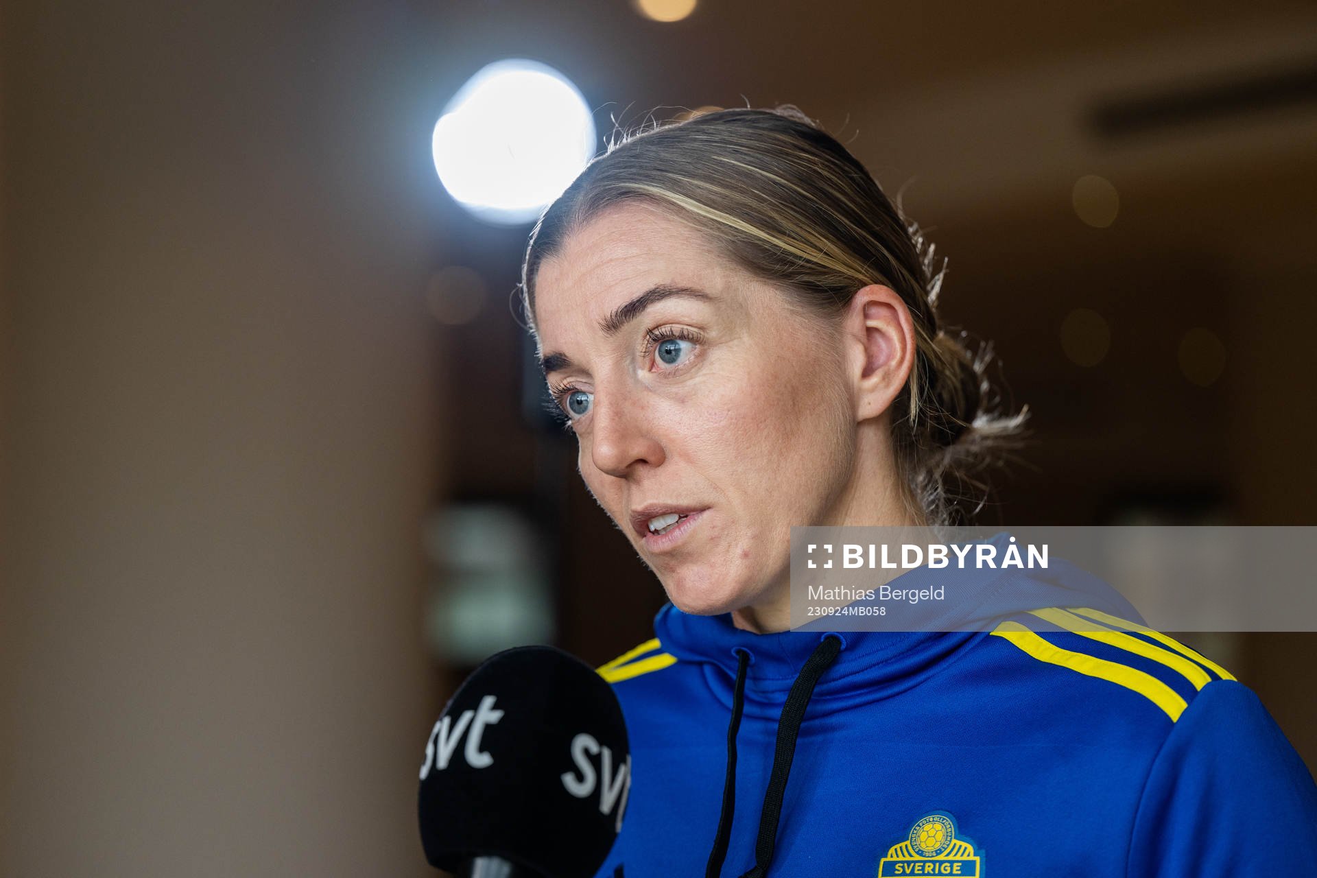 Linda Sembrant of the Swedish women's national football team is interviewed during a press event on September 24, 2023 in Rivisondoli.