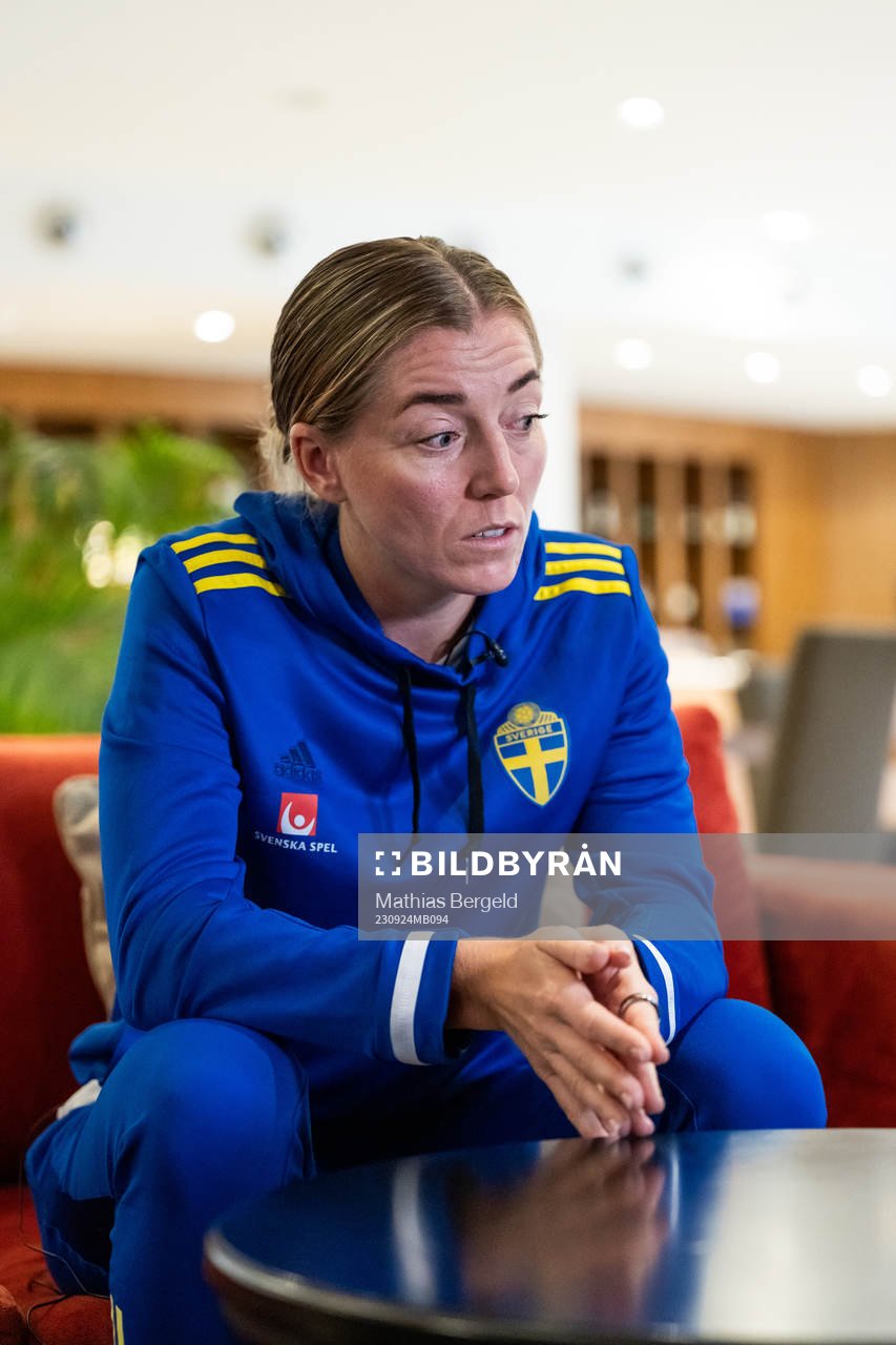 Linda Sembrant of the Swedish women's national football team is interviewed during a press event on September 24, 2023 in Rivisondoli.