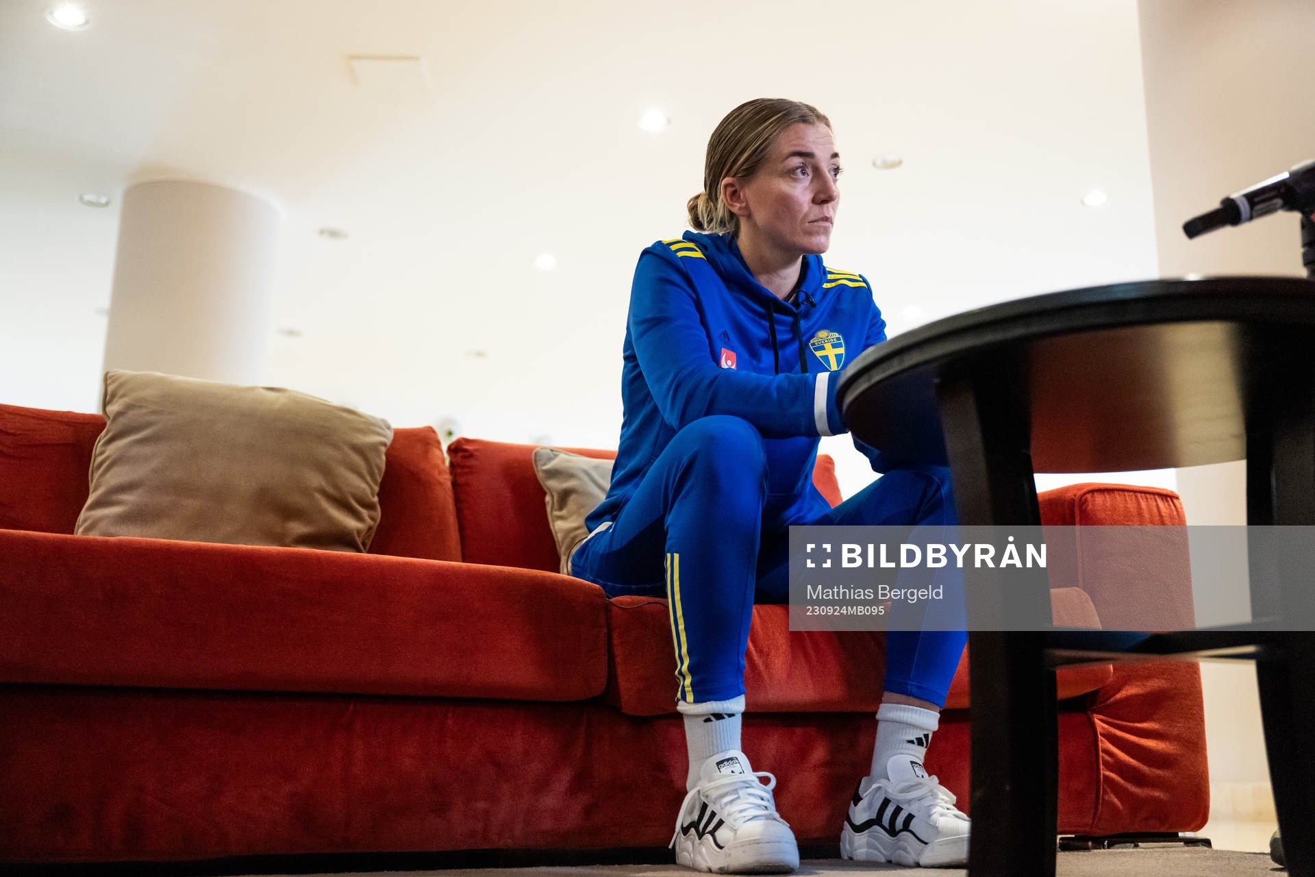 Linda Sembrant of the Swedish women's national football team is interviewed during a press event on September 24, 2023 in Rivisondoli.