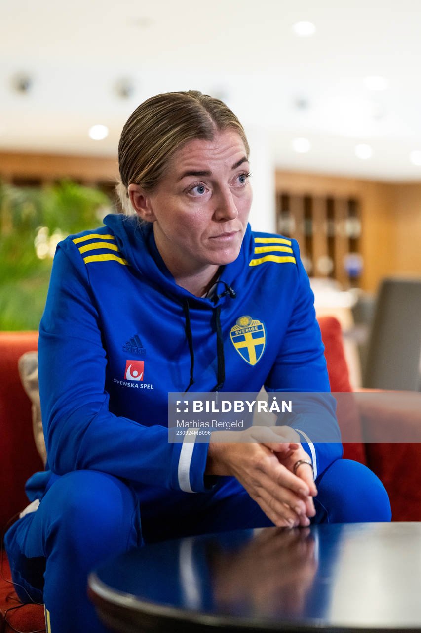 Linda Sembrant of the Swedish women's national football team is interviewed during a press event on September 24, 2023 in Rivisondoli.
