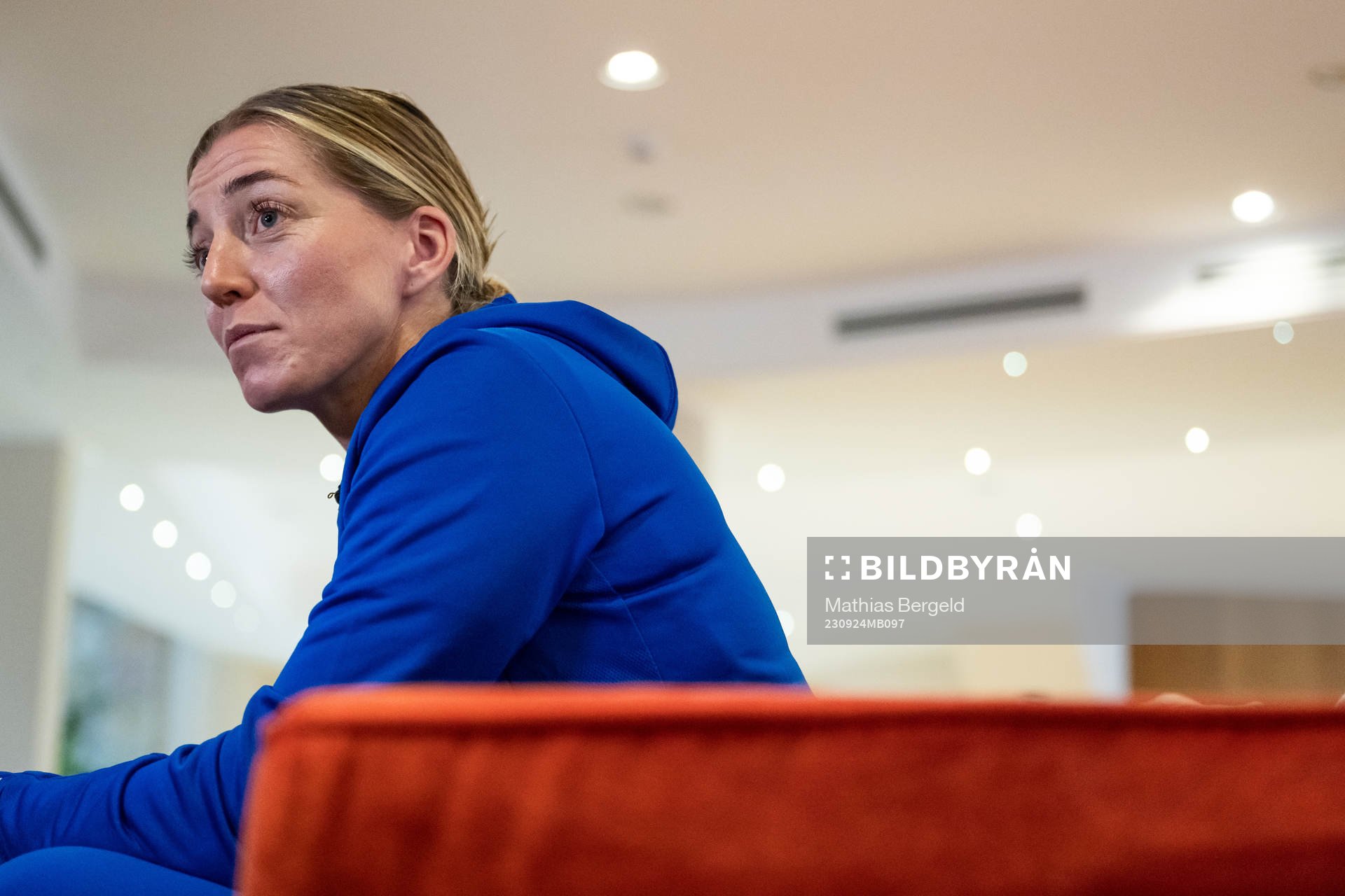 Linda Sembrant of the Swedish women's national football team is interviewed during a press event on September 24, 2023 in Rivisondoli.