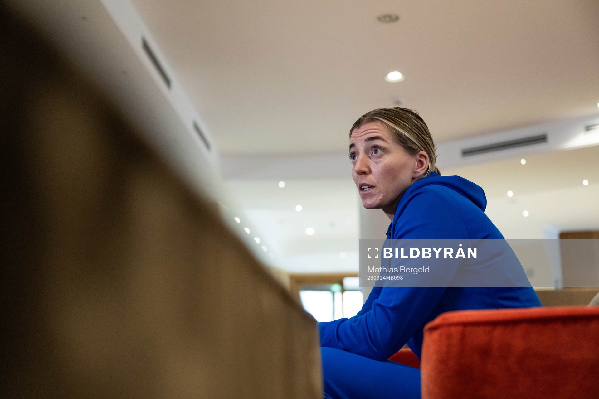 Linda Sembrant of the Swedish women's national football team is interviewed during a press event on September 24, 2023 in Rivisondoli.