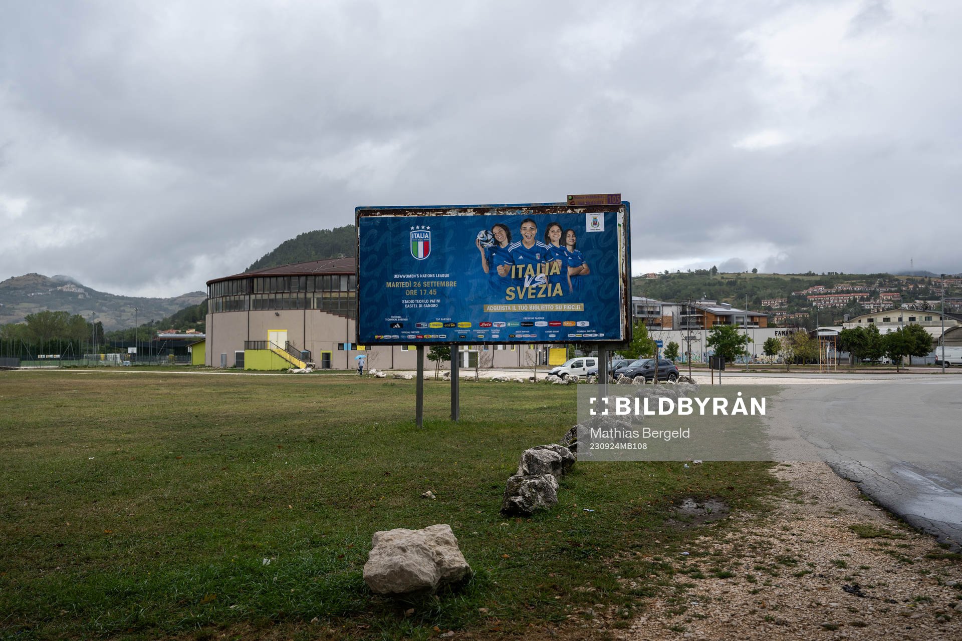 A billboard advertising the Nations League football match between Italy and Sweden on September 24, 2023 in Castel di Sangro. 