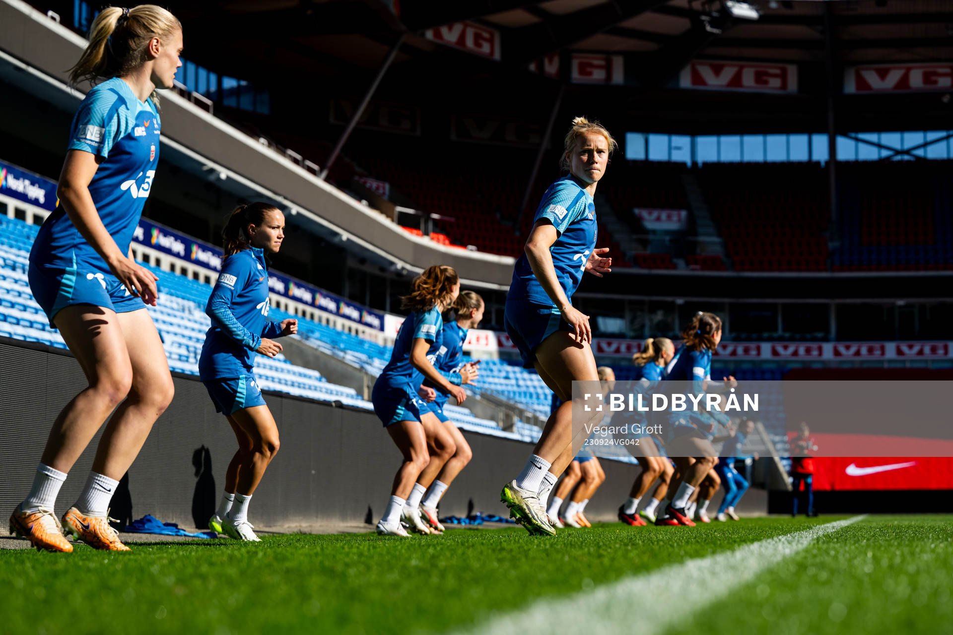 Julie Blakstad and players of the Norwegian women's national football team during a training session on September 24, 2023 in Oslo. 