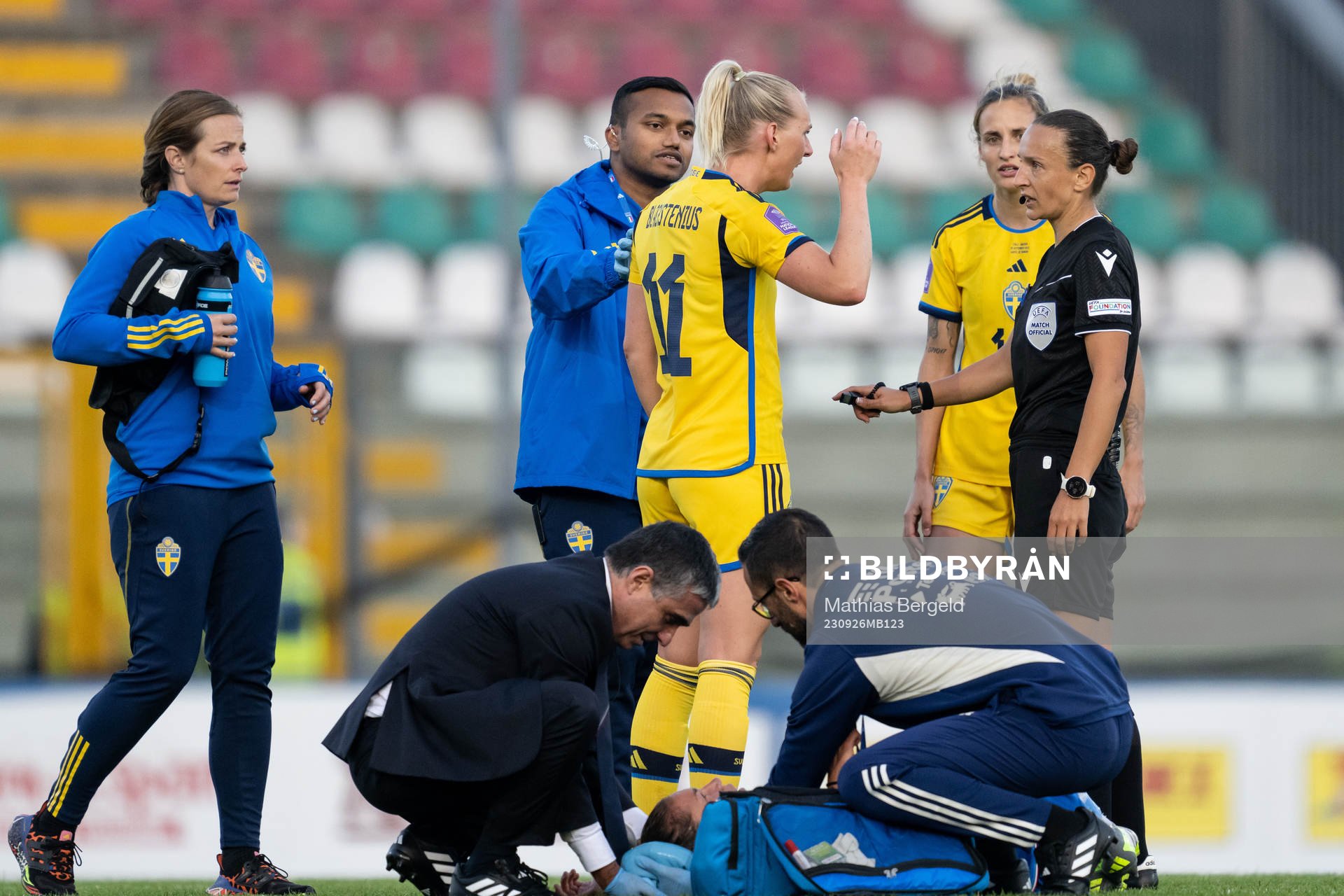 Stina Blackstenius of Sweden reacts towards referee Ivana