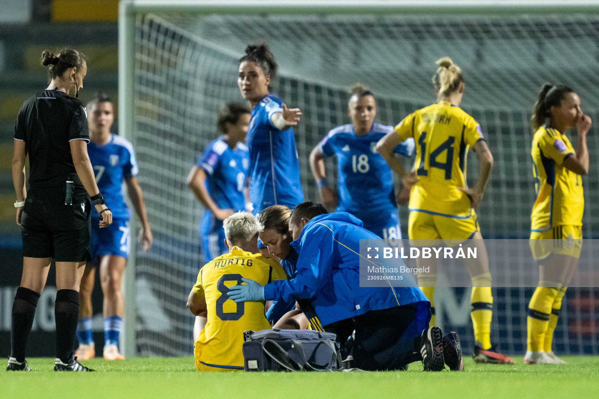 Lina Hurtig of Sweden is being taken care of Physio Jenny