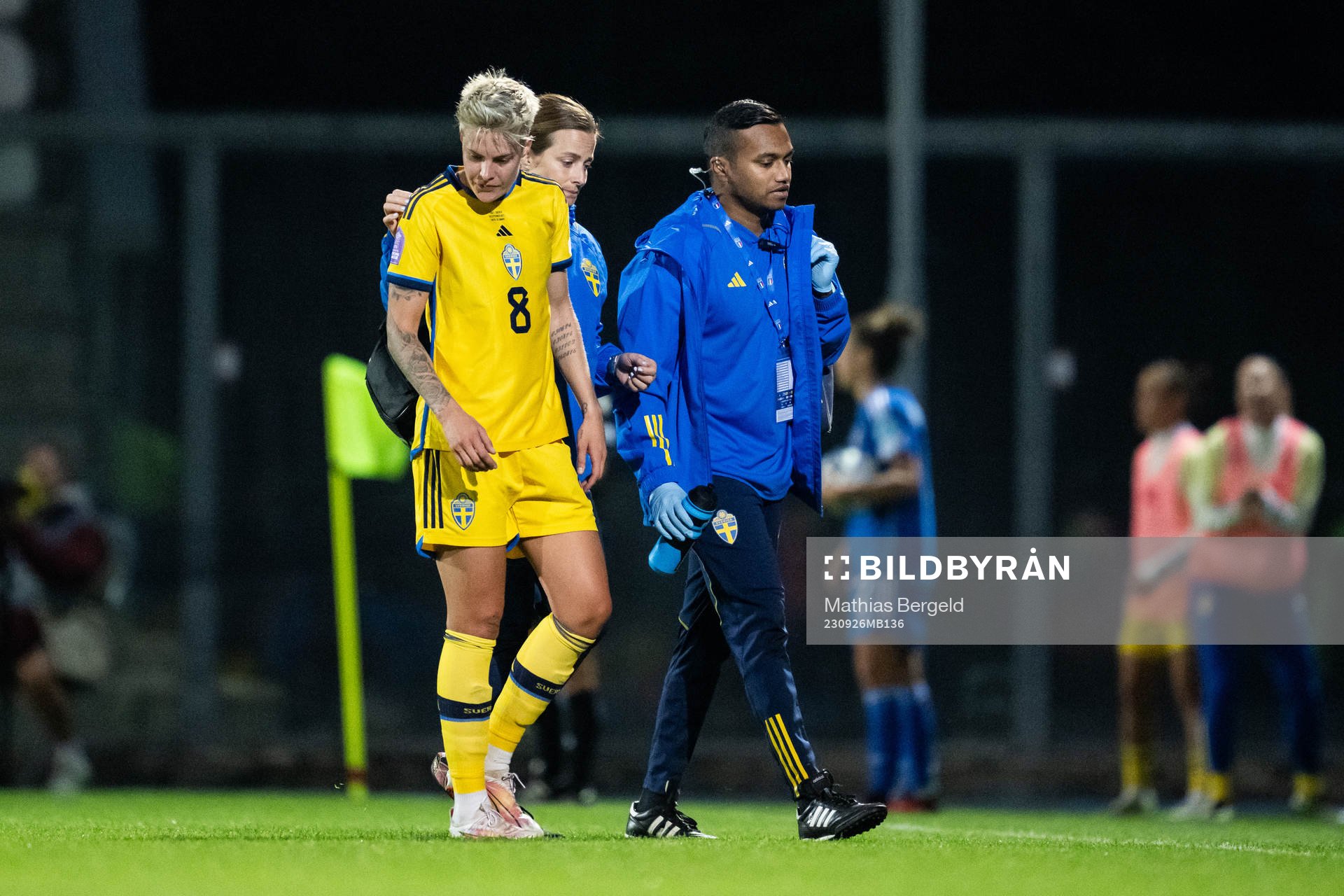 Lina Hurtig of Sweden with Physio Jenny Larsson and Medical