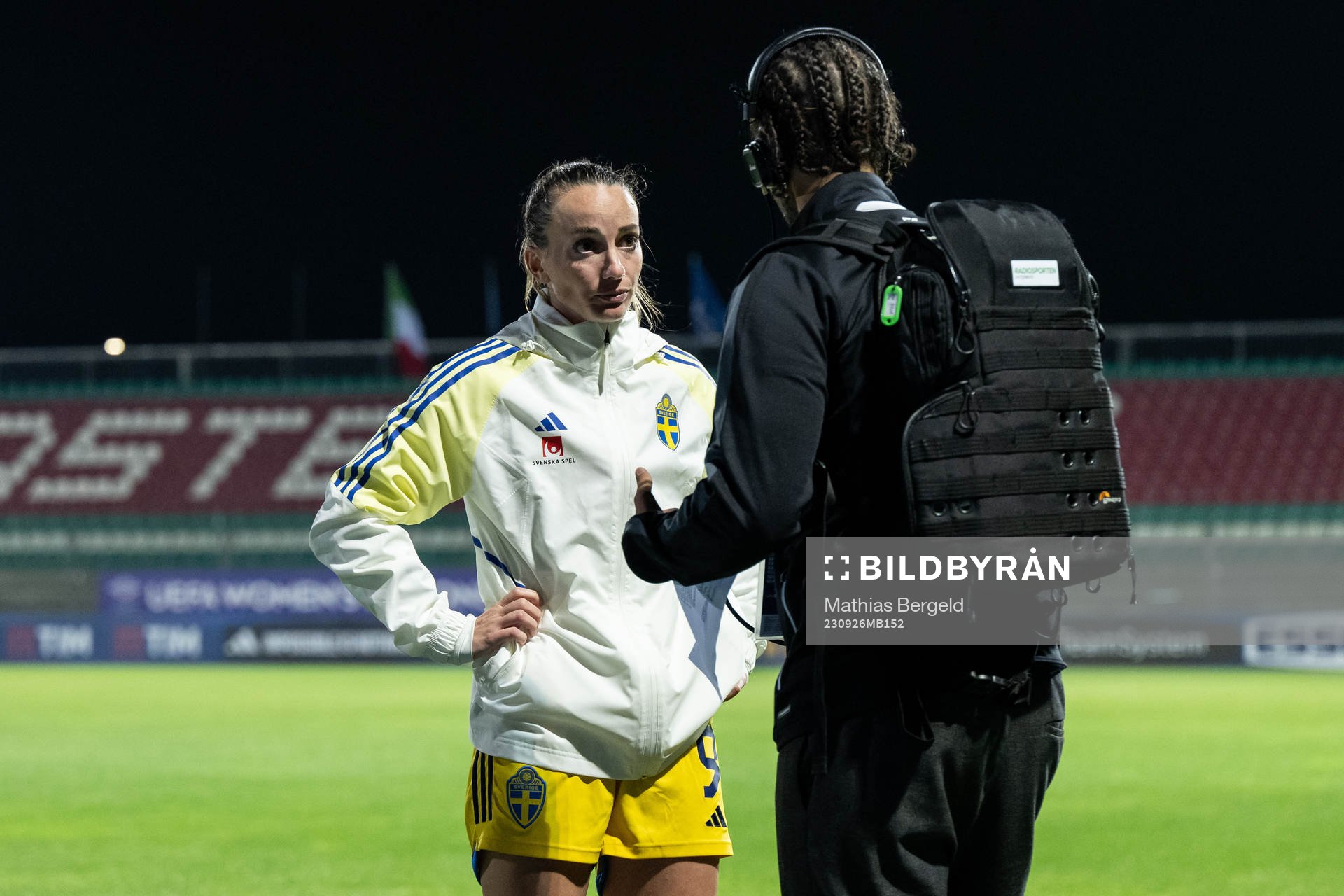 Kosovare Asllani of Sweden speaks to media