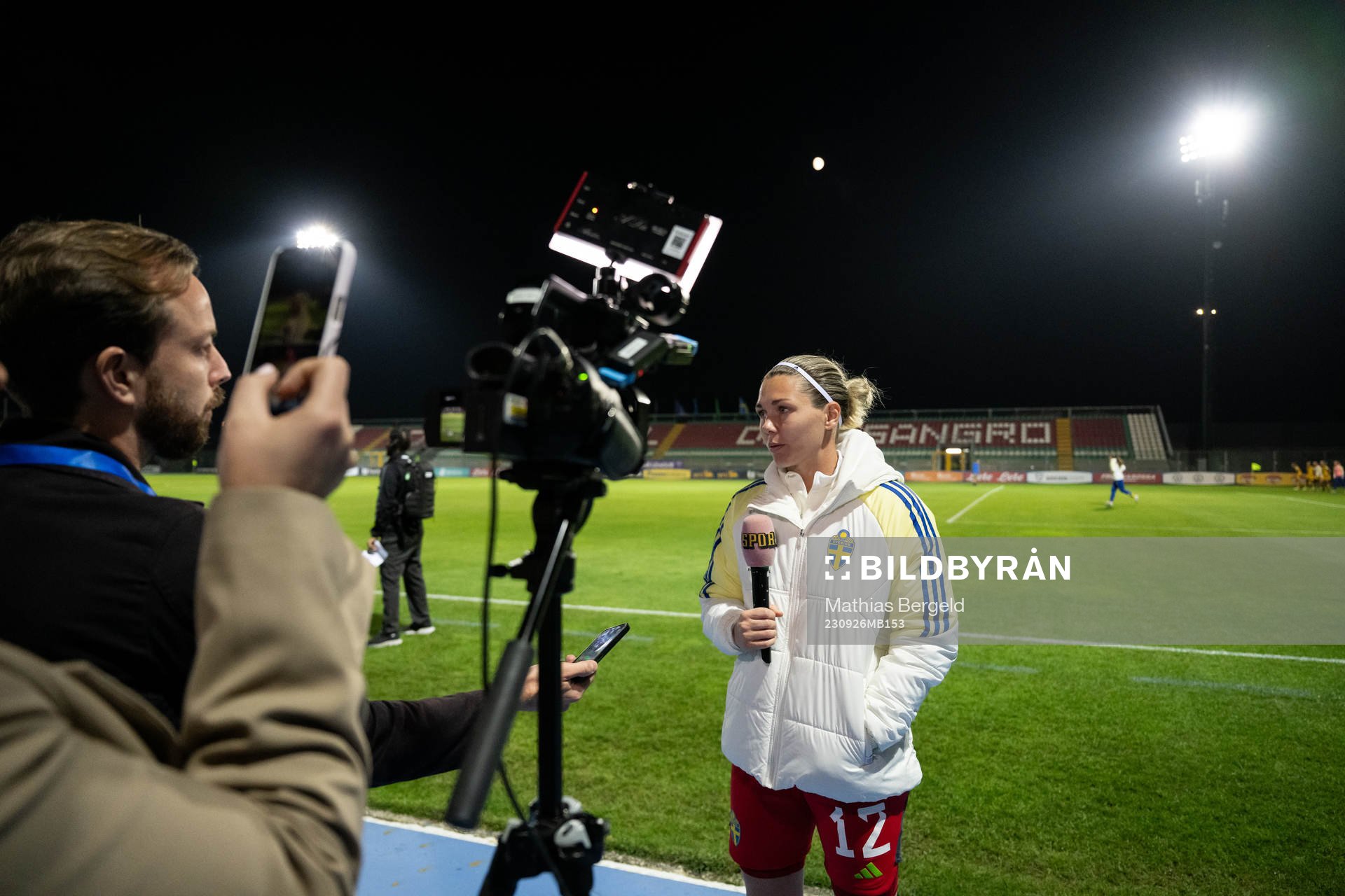 goalkeeper Jennifer Falk of Sweden speaks ro media