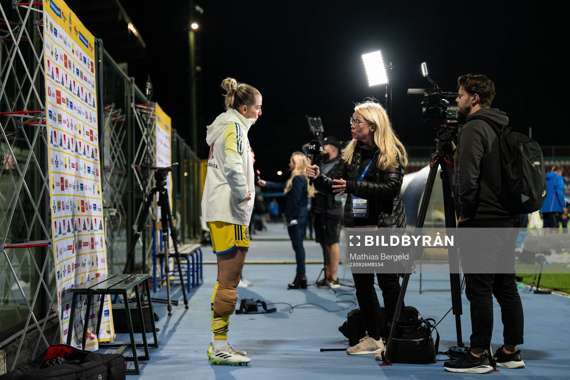 Linda Sembrant of Sweden speaks to media
