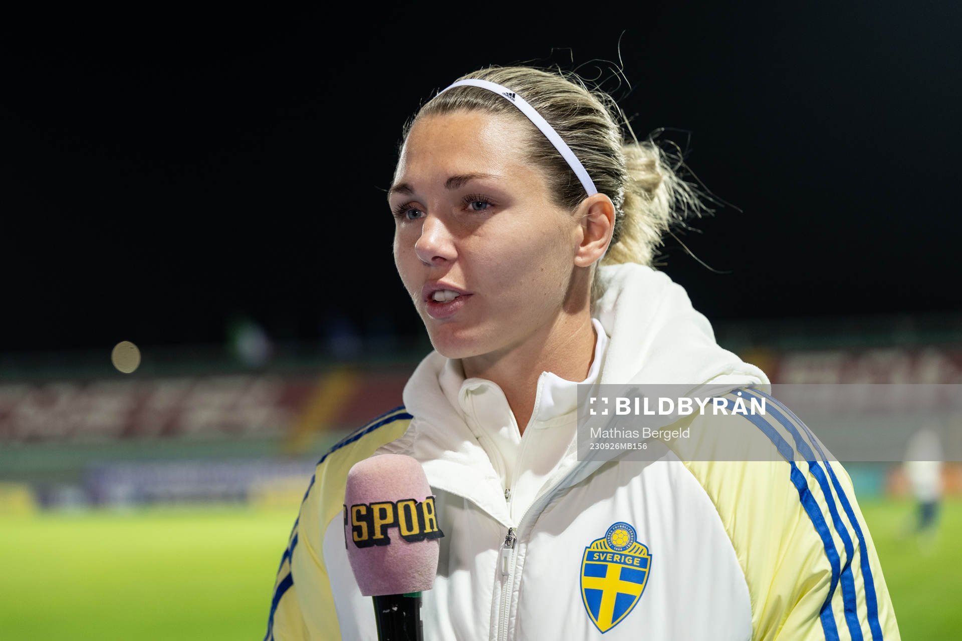 goalkeeper Jennifer Falk of Sweden speaks to media