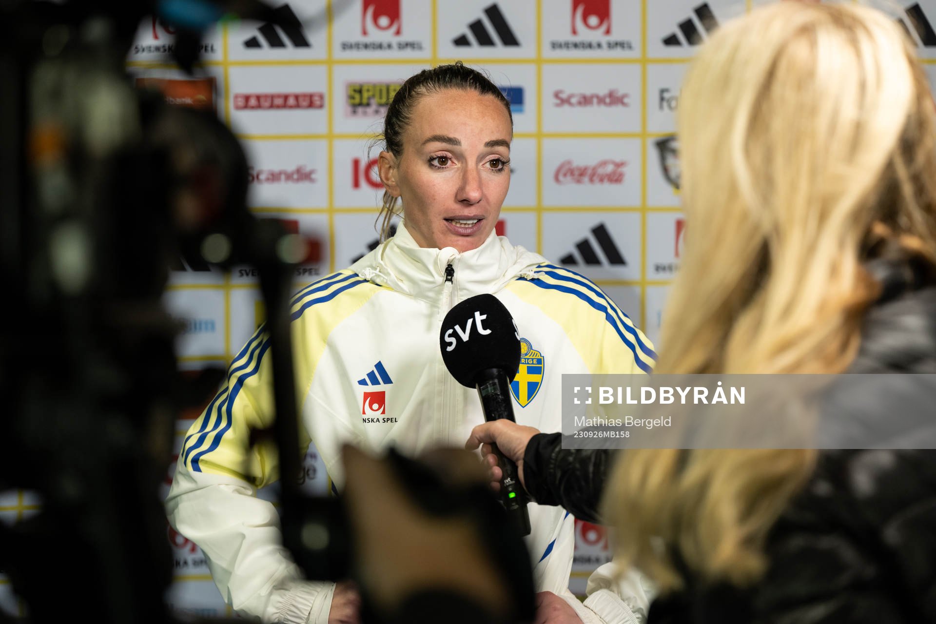 Kosovare Asllani of Sweden speaks to media