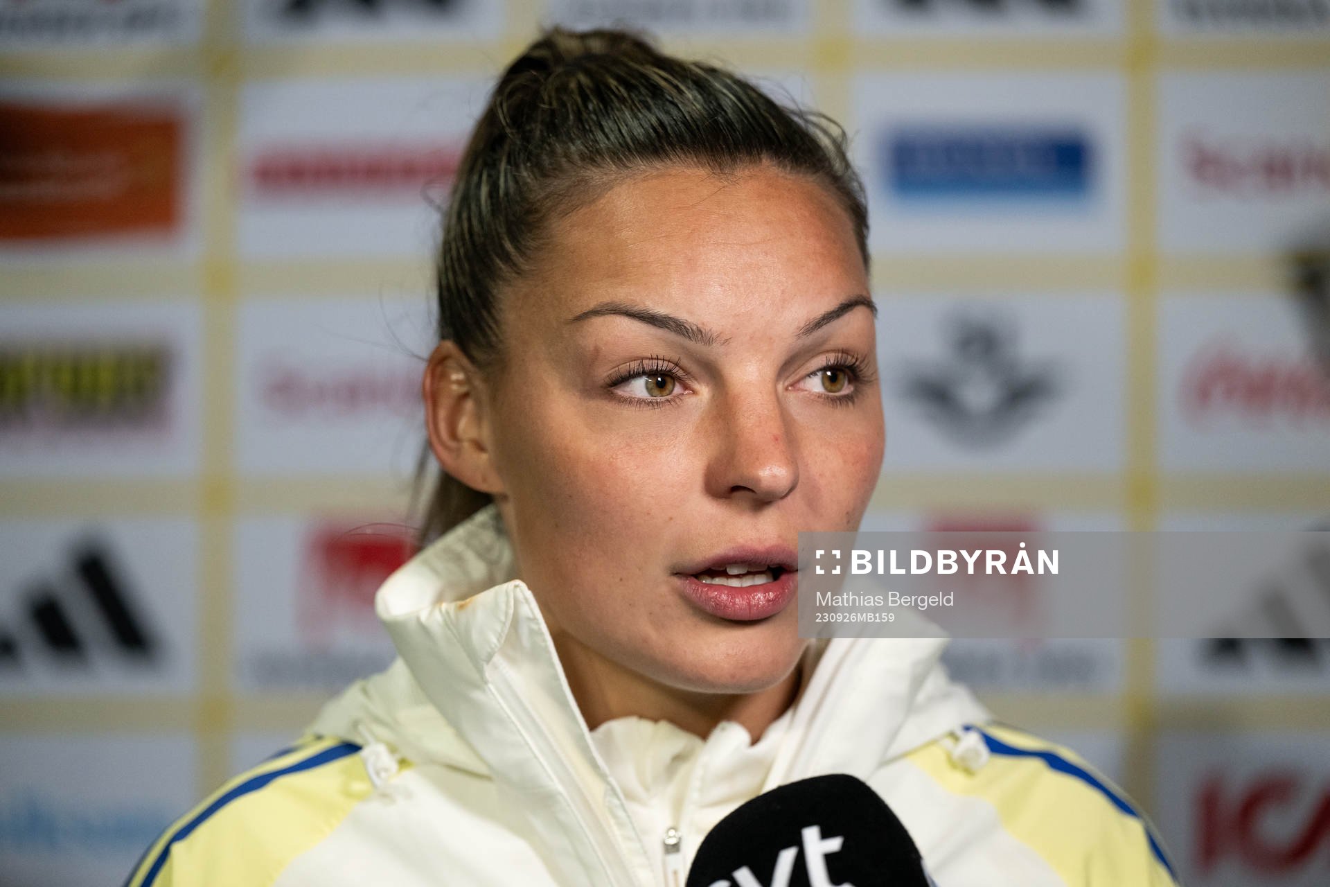 Johanna Rytting Kaneryd of Sweden speaks to media