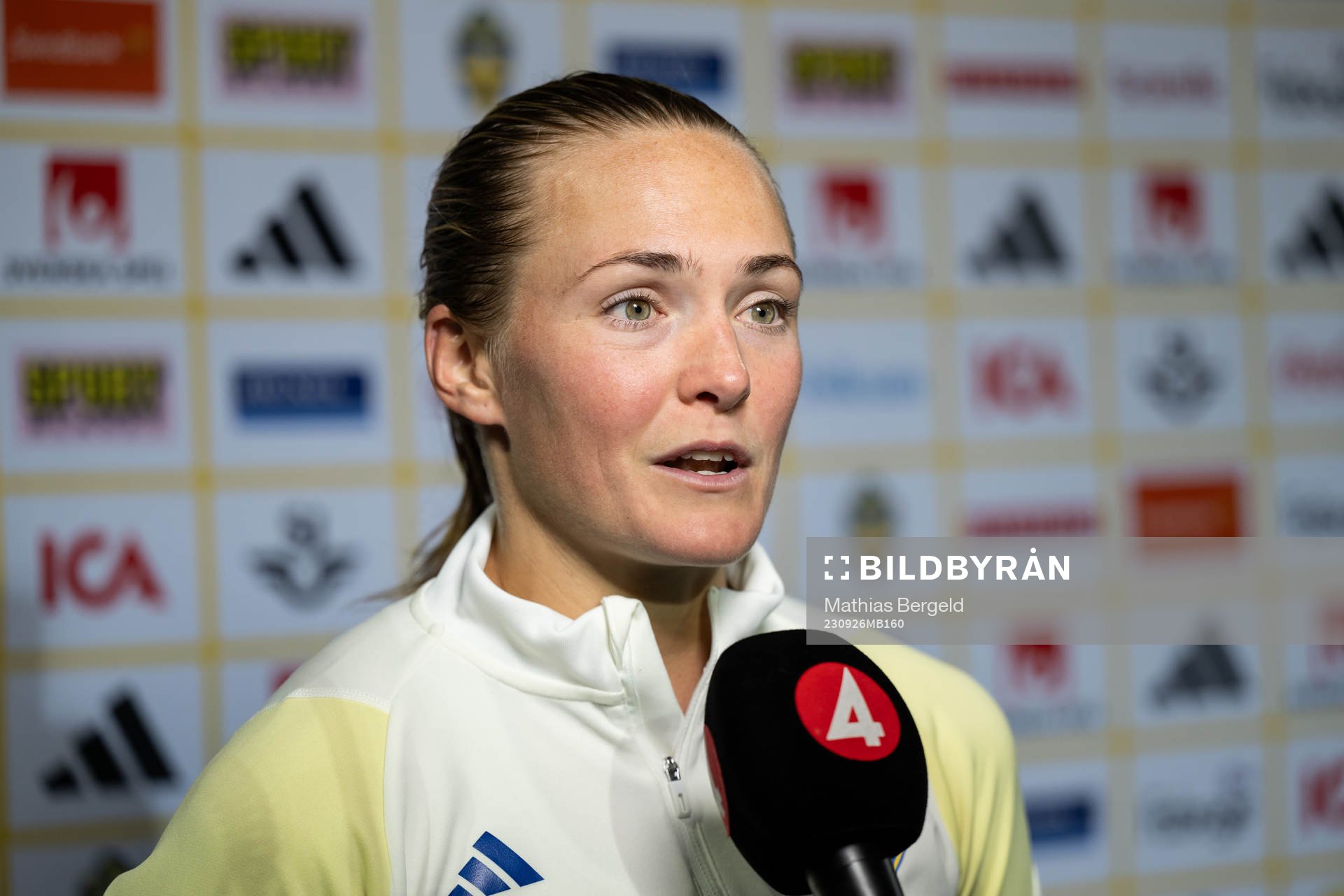 Magdalena Eriksson of Sweden speaks to media after the UEFA Women's Nations League football match between Italy and Sweden on September 26, 2023 in Castel di Sangro. 
