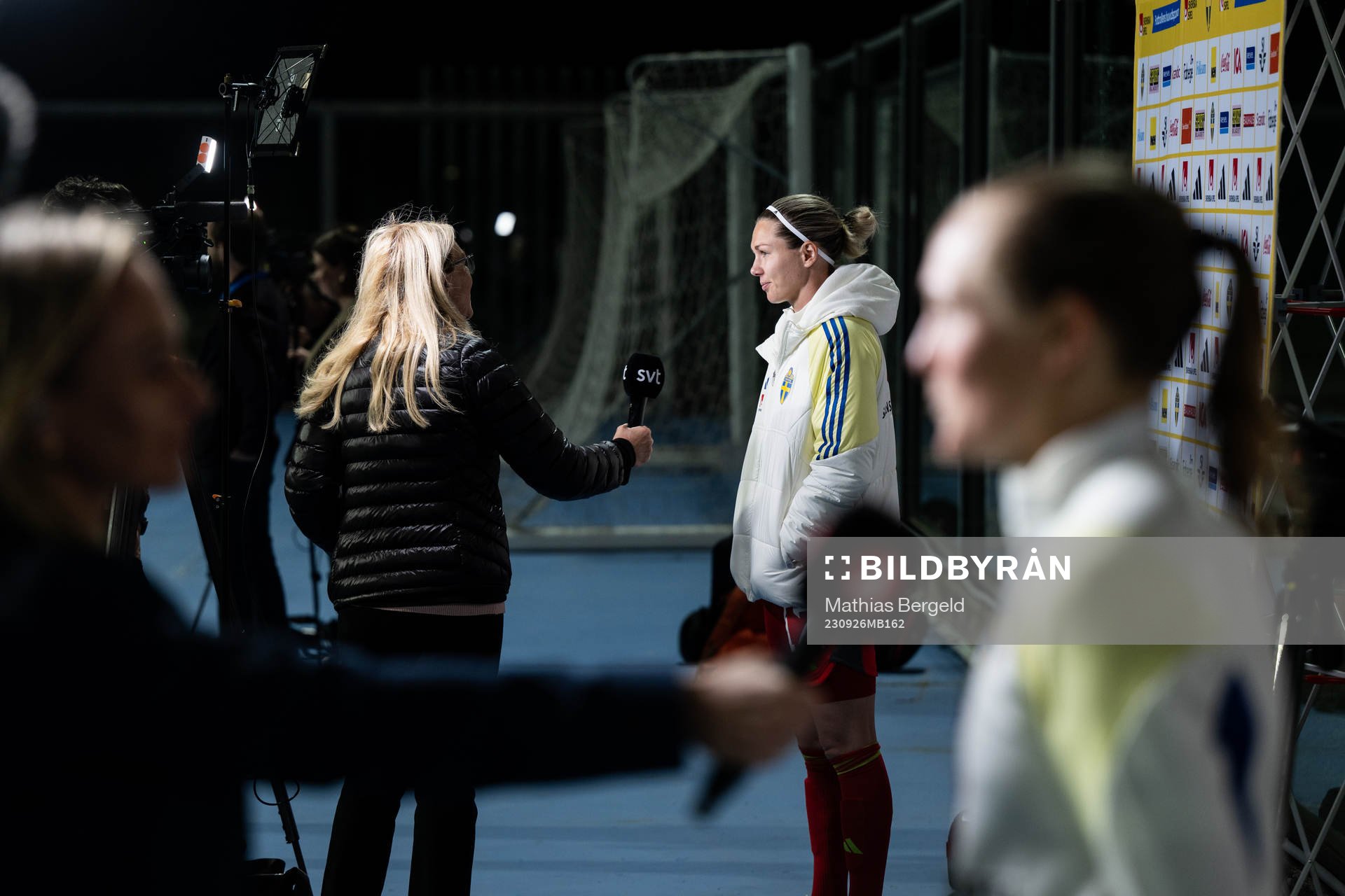 goalkeeper Jennifer Falk of Sweden speaks to media