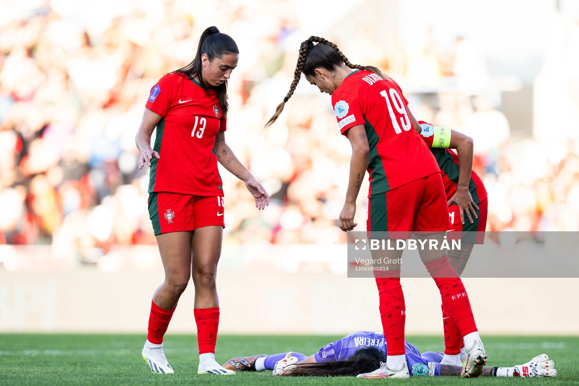 Fatima Pinto and goalkeeper Ines Pereira of Portugal