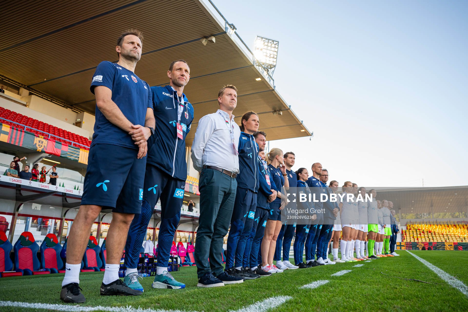 Jon Knudsen, goalkeeper coach, Terje Skjeldestad, assistant coach, Leif Gunnar Smerud, head coach, Ingvild Stensland, assistant coach, Bård Homstøl, coach, and staff of Norway ahead of the UEFA Women’s Nations League football match between Portugal and Norway on September 26, 2023 in Barcelos.