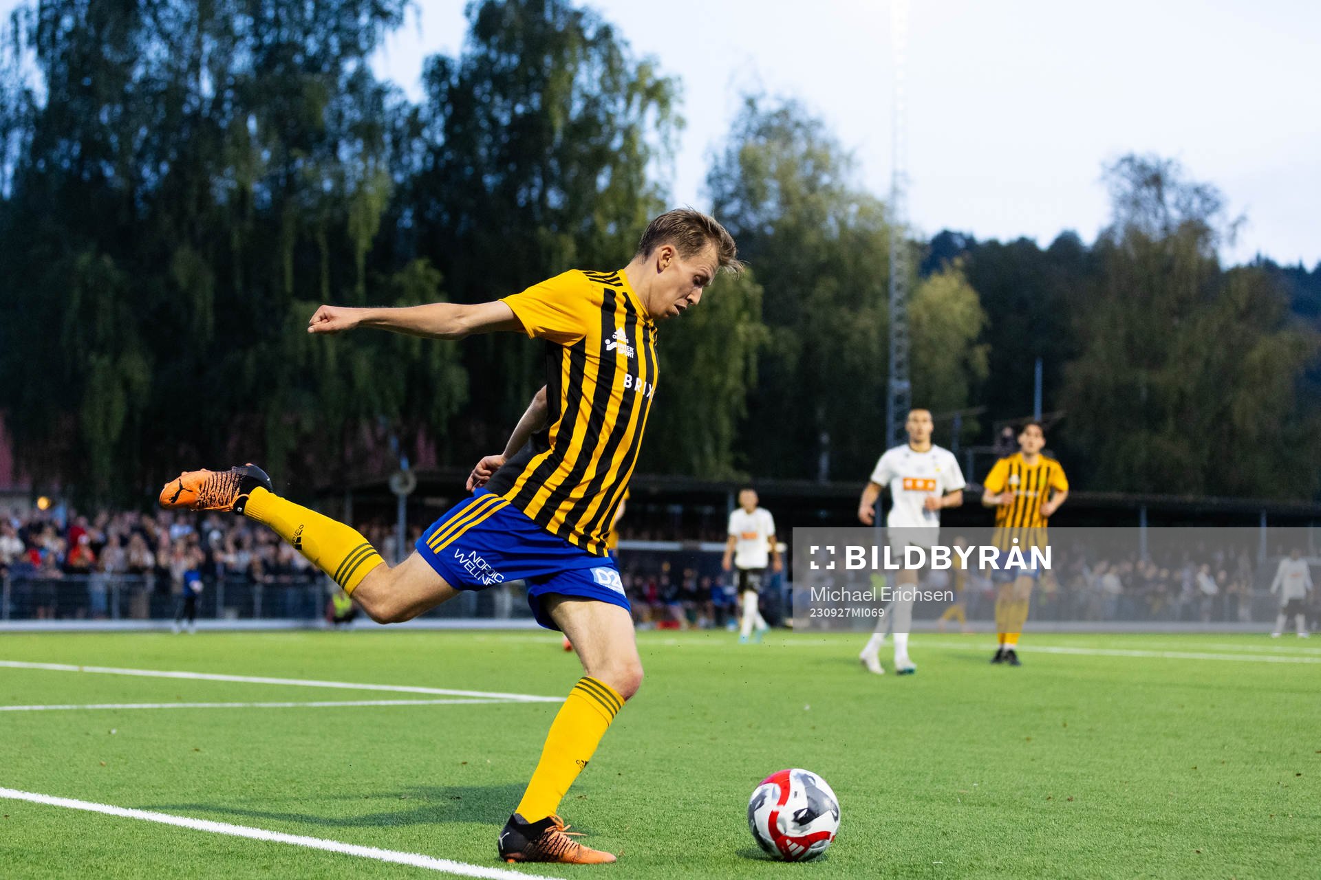 Jonsereds IFs William Nordgren under fotbollsmatchen i Svenska Cupen mellan Jonsereds IF och BK Häcken den 27 september 2023 i Jonsered.