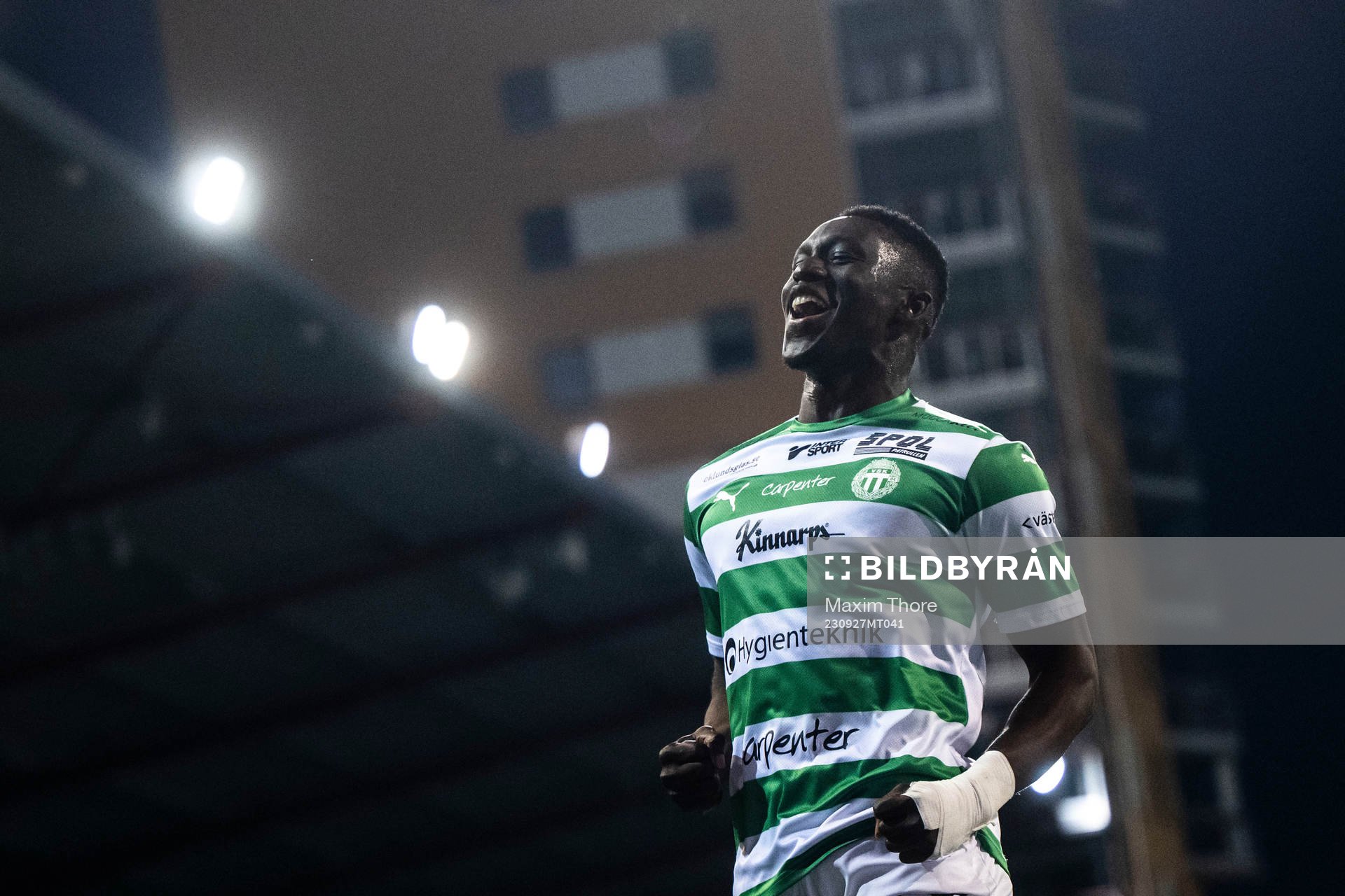 Västerås SKs Ibrahim Yalatif Diabaté jublar efter 0-1 under fotbollsmatchen i Superettan mellan AFC Eskilstuna och Västerås SK den 27 september 2023 i Eskilstuna.