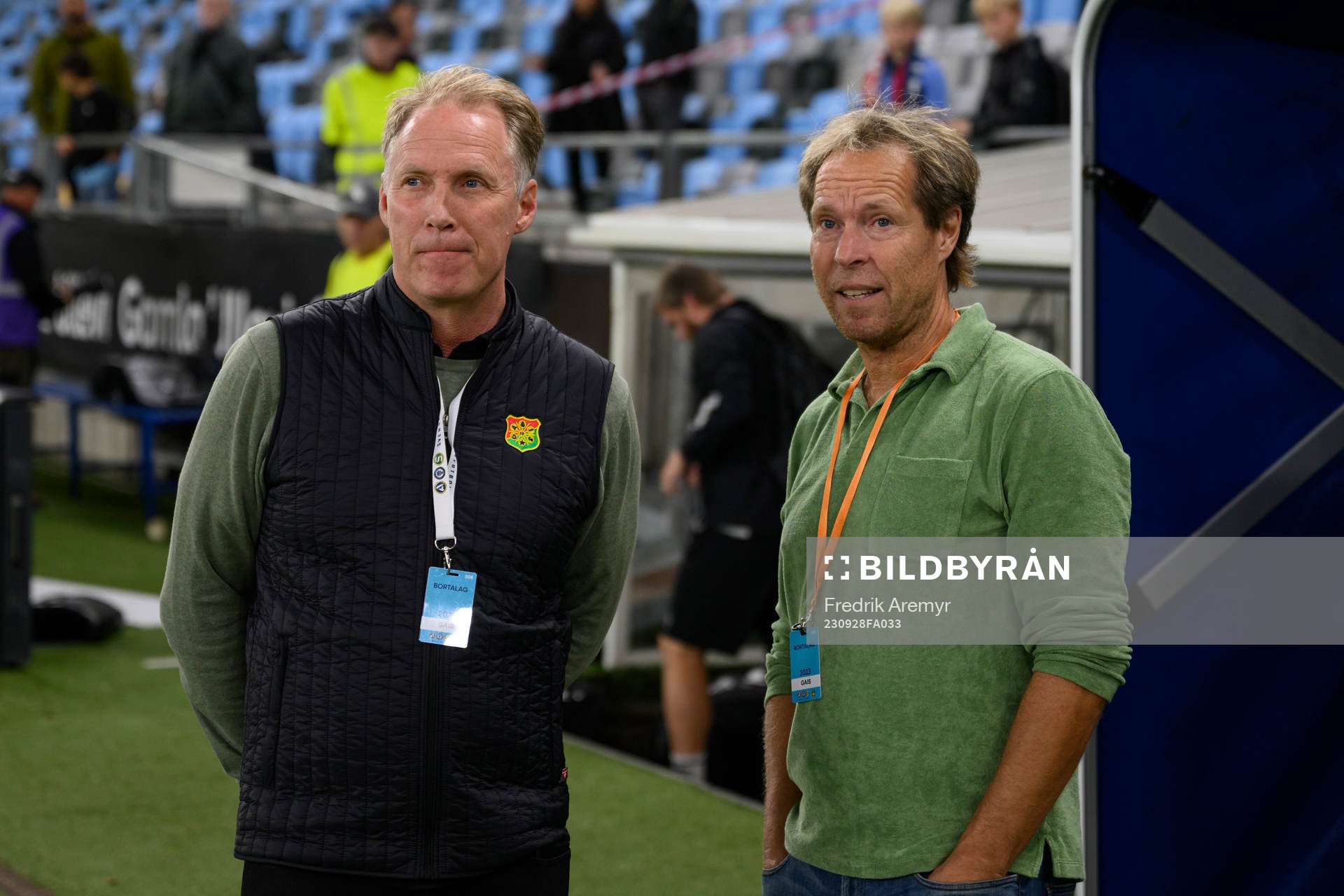 GAIS klubbchef Magnus Sköldmark och sportchef Nicklas Karlström efter fotbollsmatchen i Superettan mellan Örgryte och GAIS den 28 september 2023 i Göteborg. 