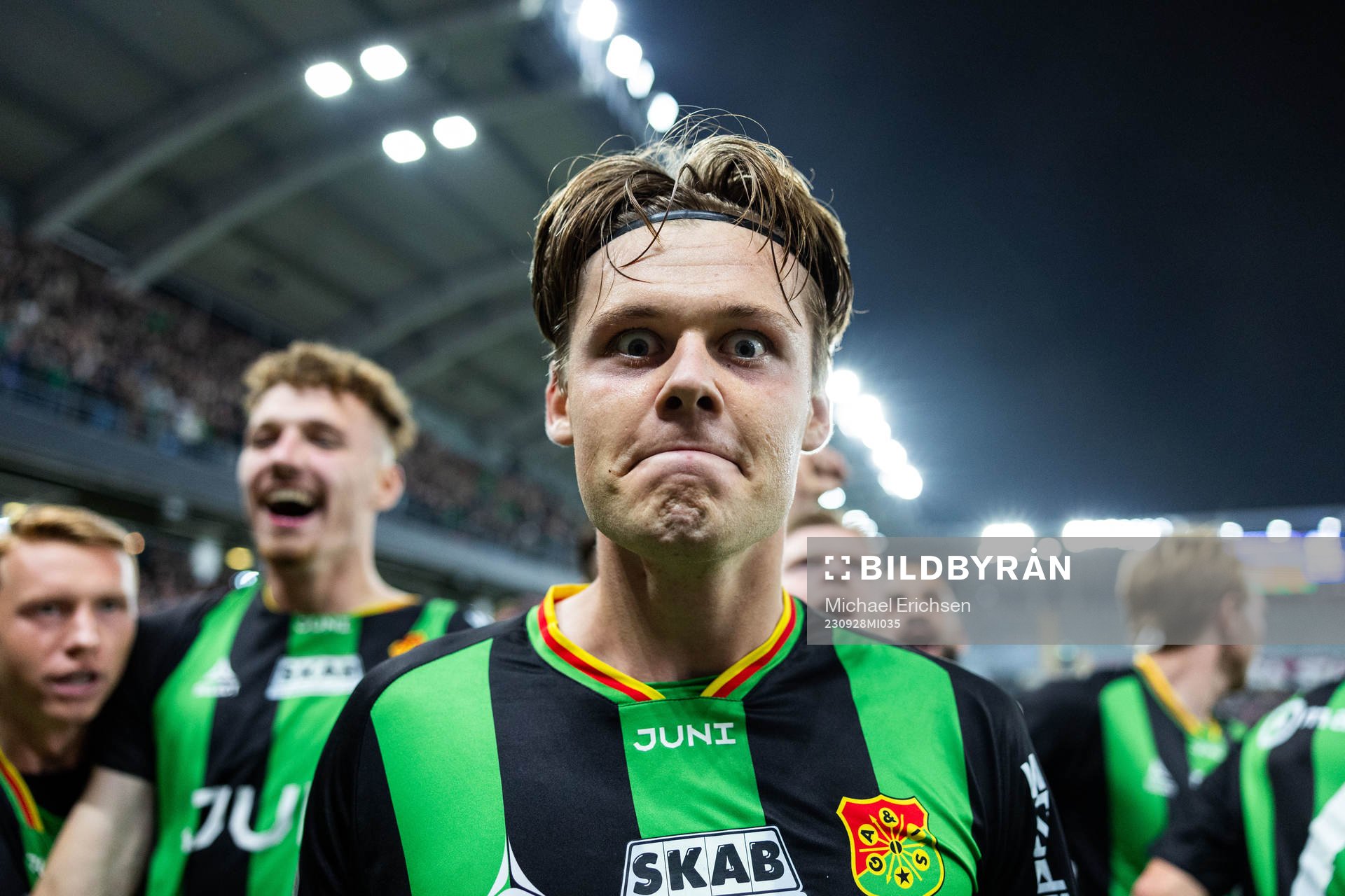 GAIS Axel Henriksson jublar efter 1-3 under fotbollsmatchen i Superettan mellan Örgryte och GAIS den 28 september 2023 i Göteborg. 