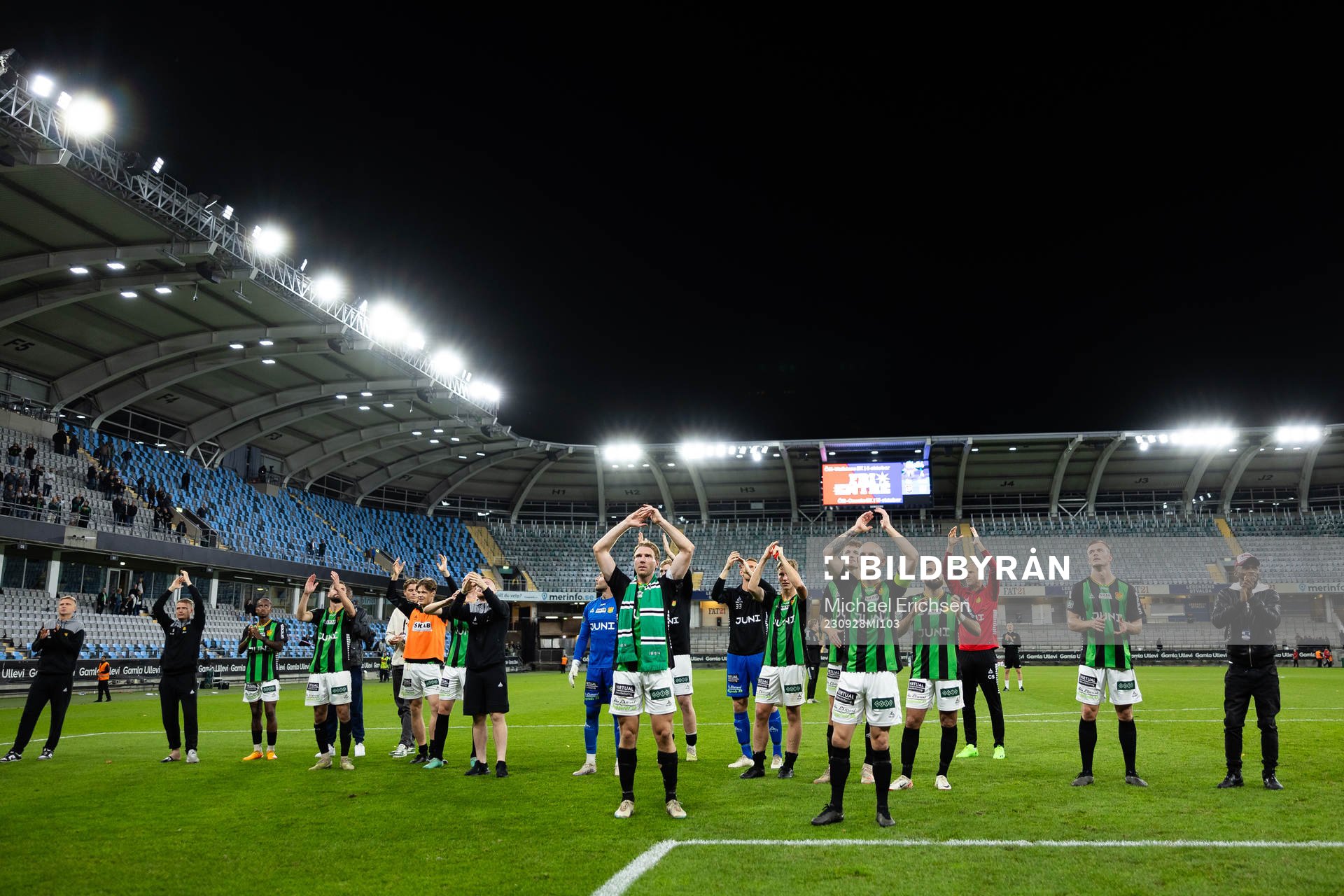 GAIS spelare jublar efter fotbollsmatchen i Superettan mellan Örgryte och GAIS den 28 september 2023 i Göteborg. 