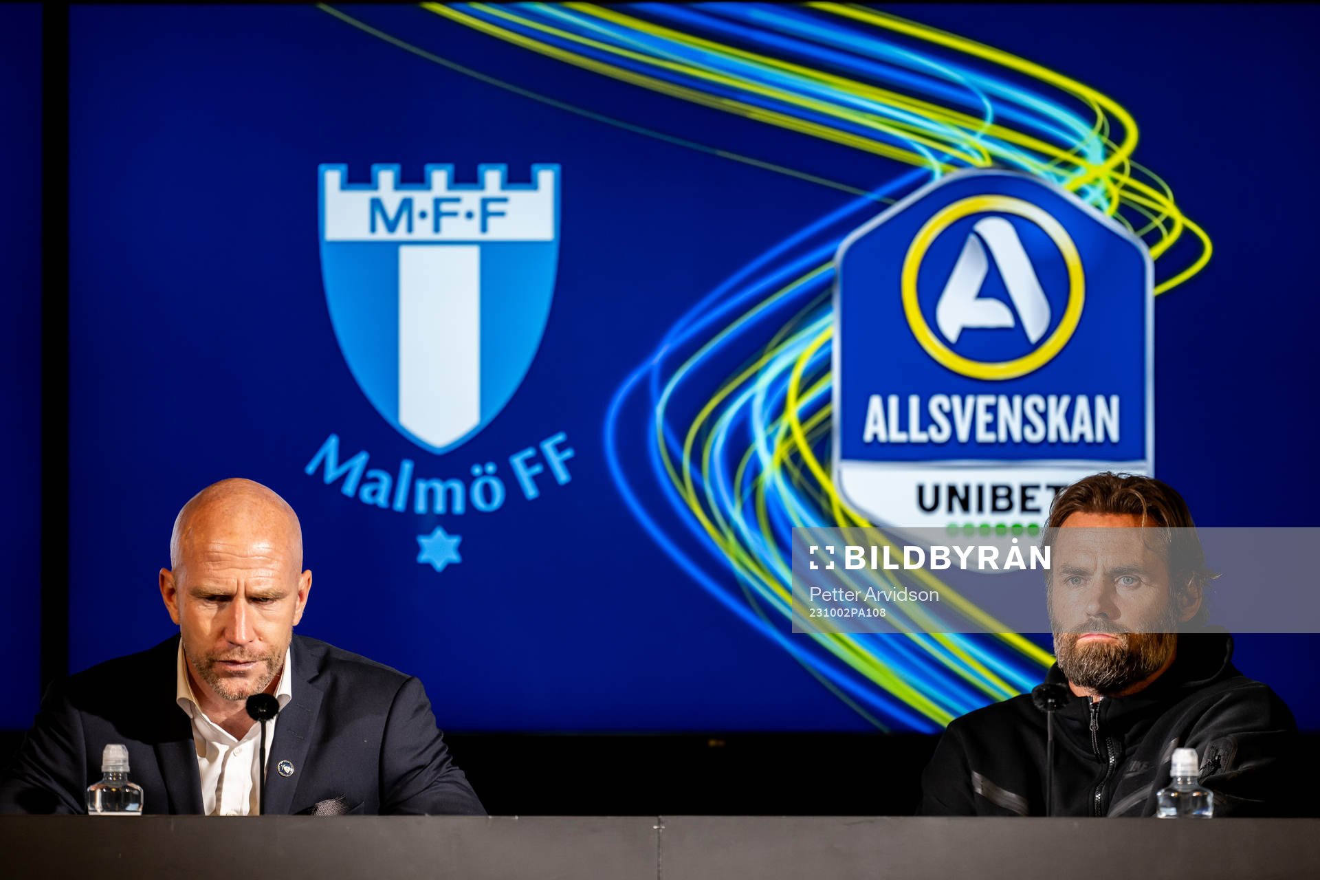 Malmö FFs tränare Henrik Rydström och Brommapojkarnas tränare Olof Mellberg under presskonferensen efter fotbollsmatchen i Allsvenskan mellan Malmö FF och Brommapojkarna den 2 oktober 2023 i Malmö.