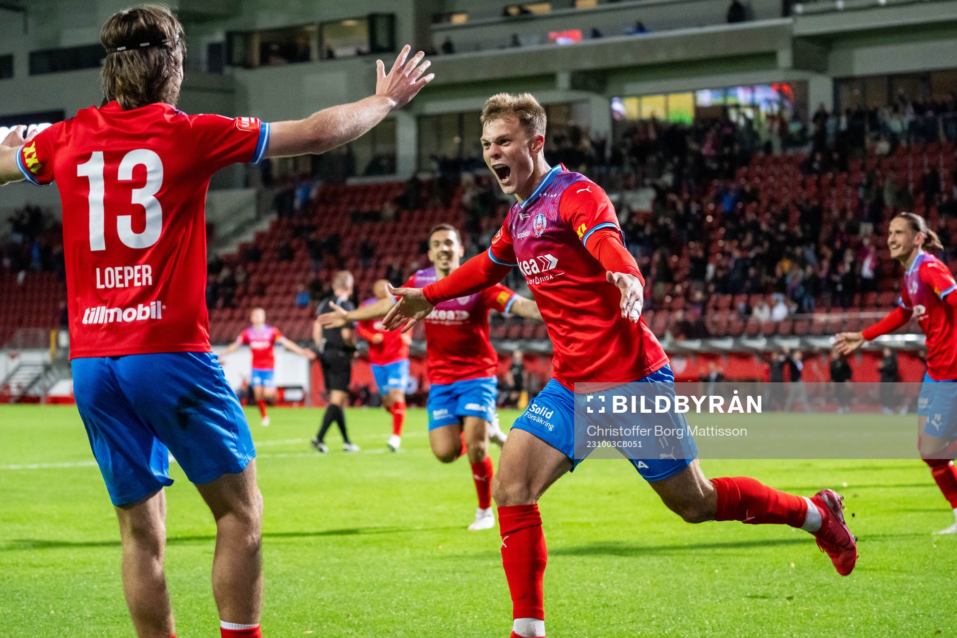 Helsingborgs Erik Ring jublar efter 4-0 under fotbollsmatchen i Superettan mellan Helsingborg och Örebro den 3 oktober 2023 i Helsingborg.