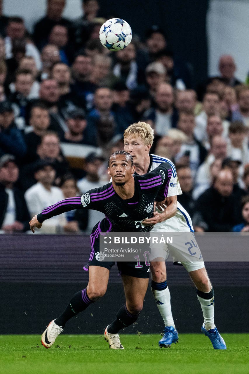 Leroy Sané of Bayern Munich and Birger Meling of Copenhagen