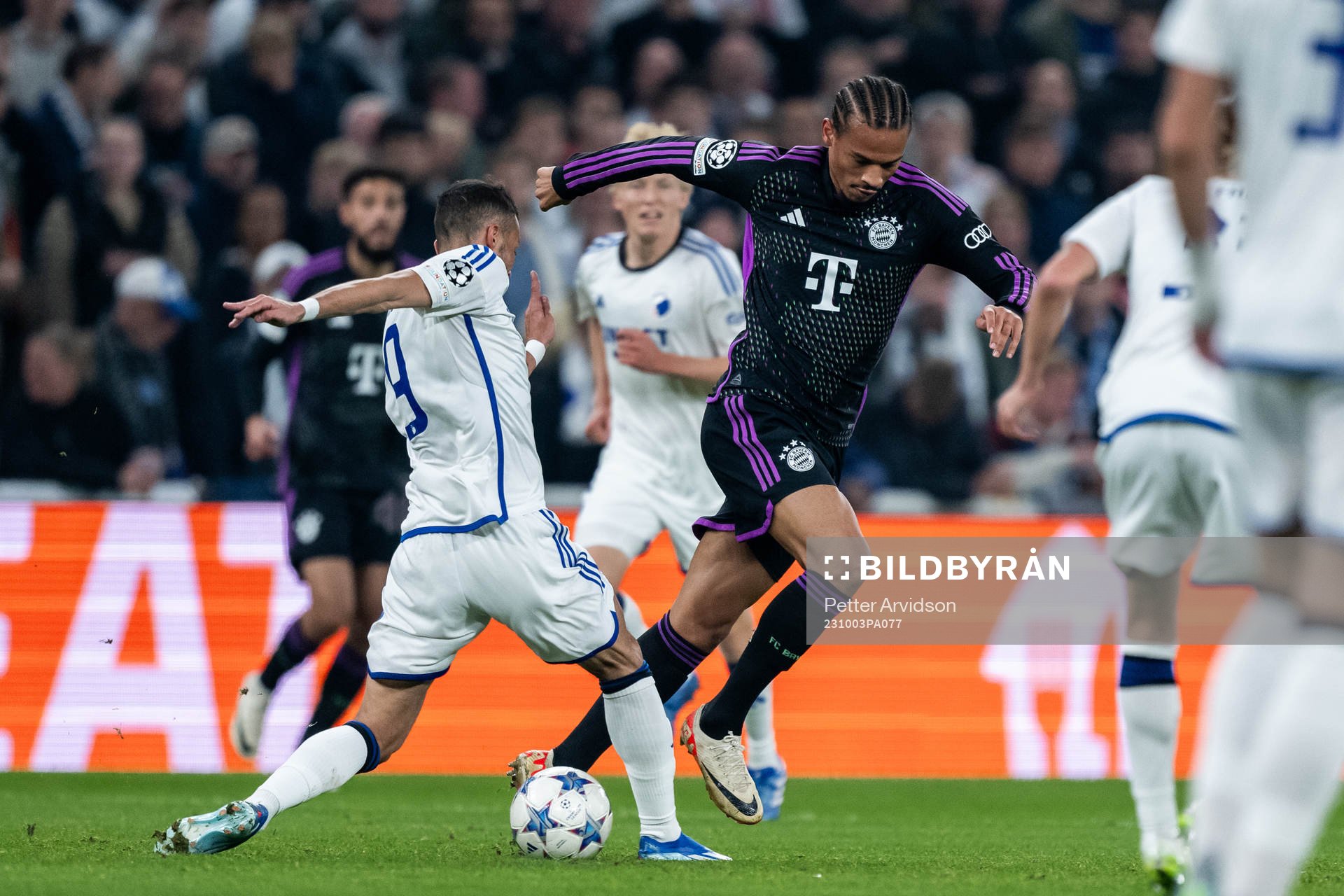 Diogo Goncalves of Copenhagen and Leroy Sané of Bayern