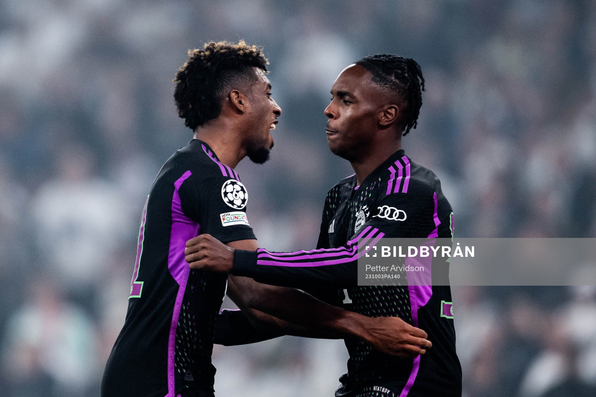 Kingsley Coman and Mathys Tel of Bayern Munich celebrate