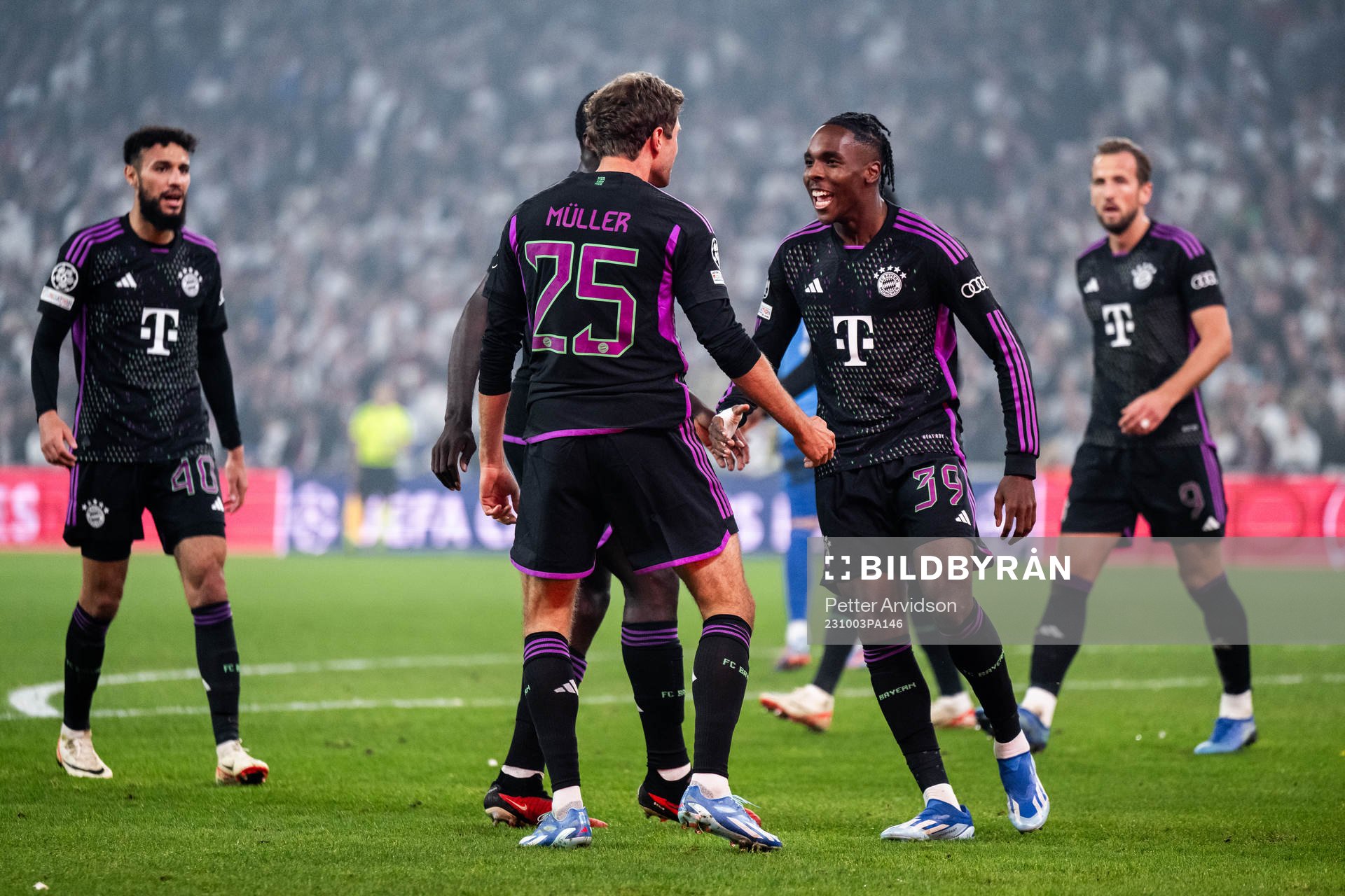 Thomas Muller and Mathys Tel of Bayern Munich celebrate after scoring 1-2 during the UEFA Champions League football match between FC Copenhagen and Bayern Munich on October 3, 2023 in Köpenhamn.