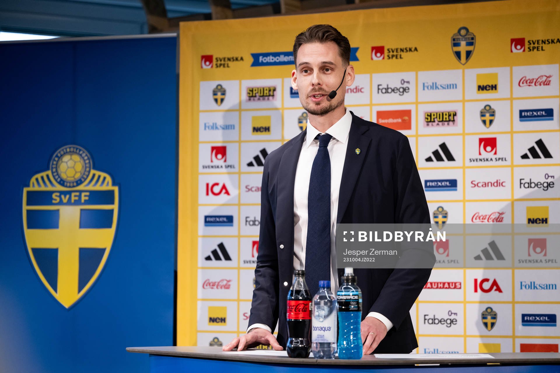 Daniel Bäckström, head coach of Sweden Under-21, during a press conference on October 4, 2023 in Stockholm. 