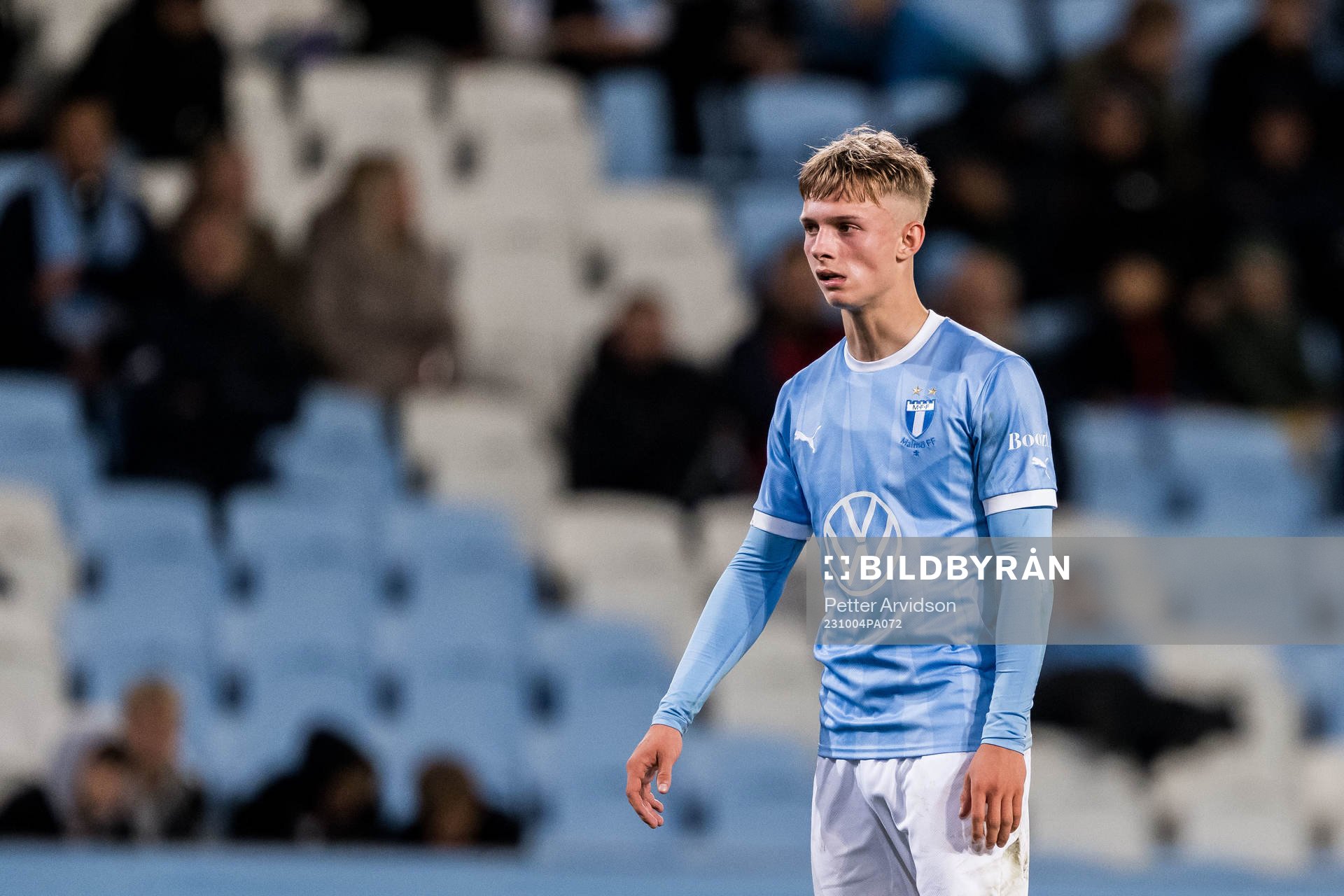 Malmö FFs Adrian Daly Tempelaar under fotbollsmatchen i UEFA Youth League mellan Malmö FF och Helsingfors den 4 oktober 2023 i Malmö.