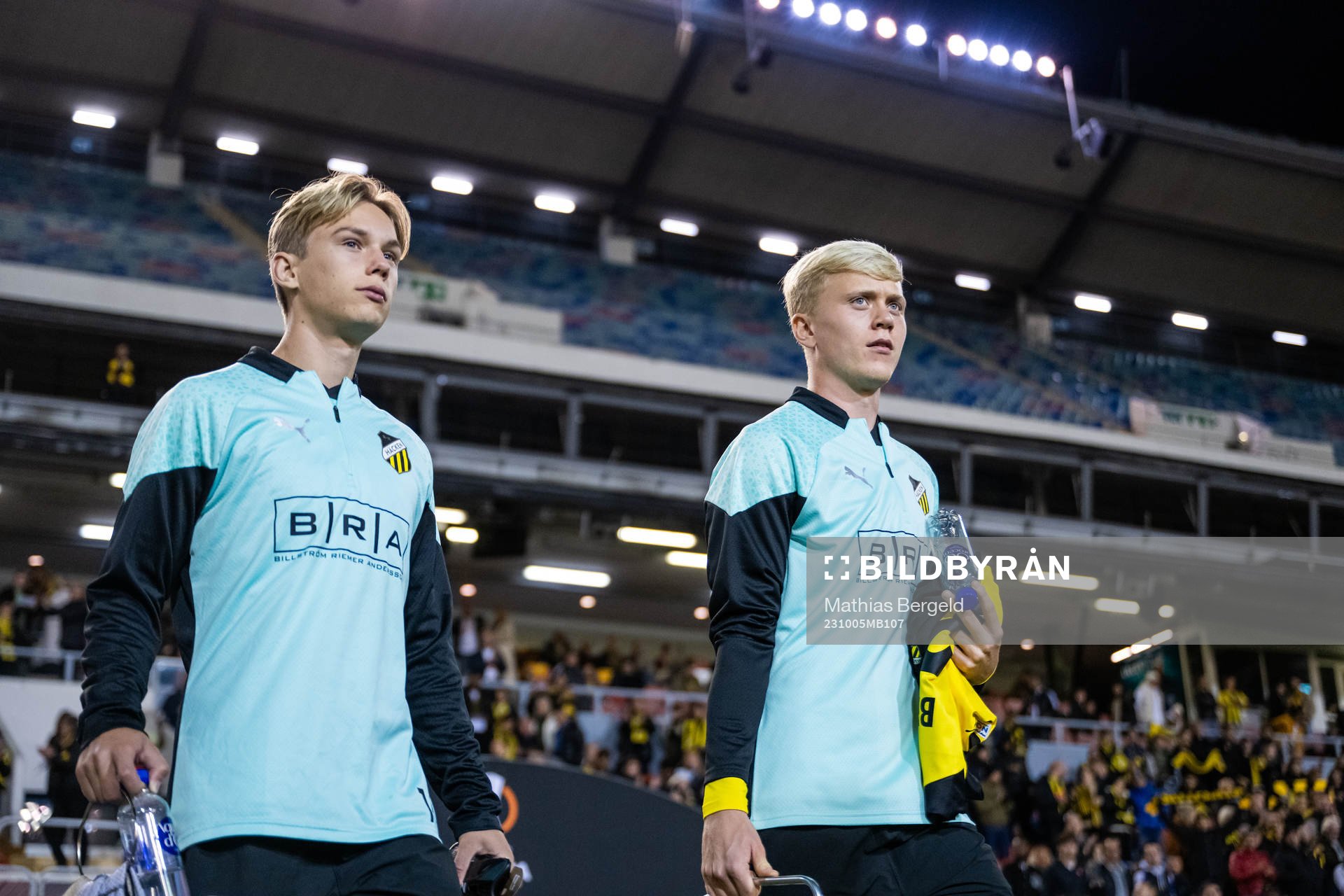 Pontus Dahbo and Isak Brusberg of Häcken enter the pitch ahead of the UEFA Europa League football match between Häcken and Qarabag on October 5, 2023 in Gothenburg. 