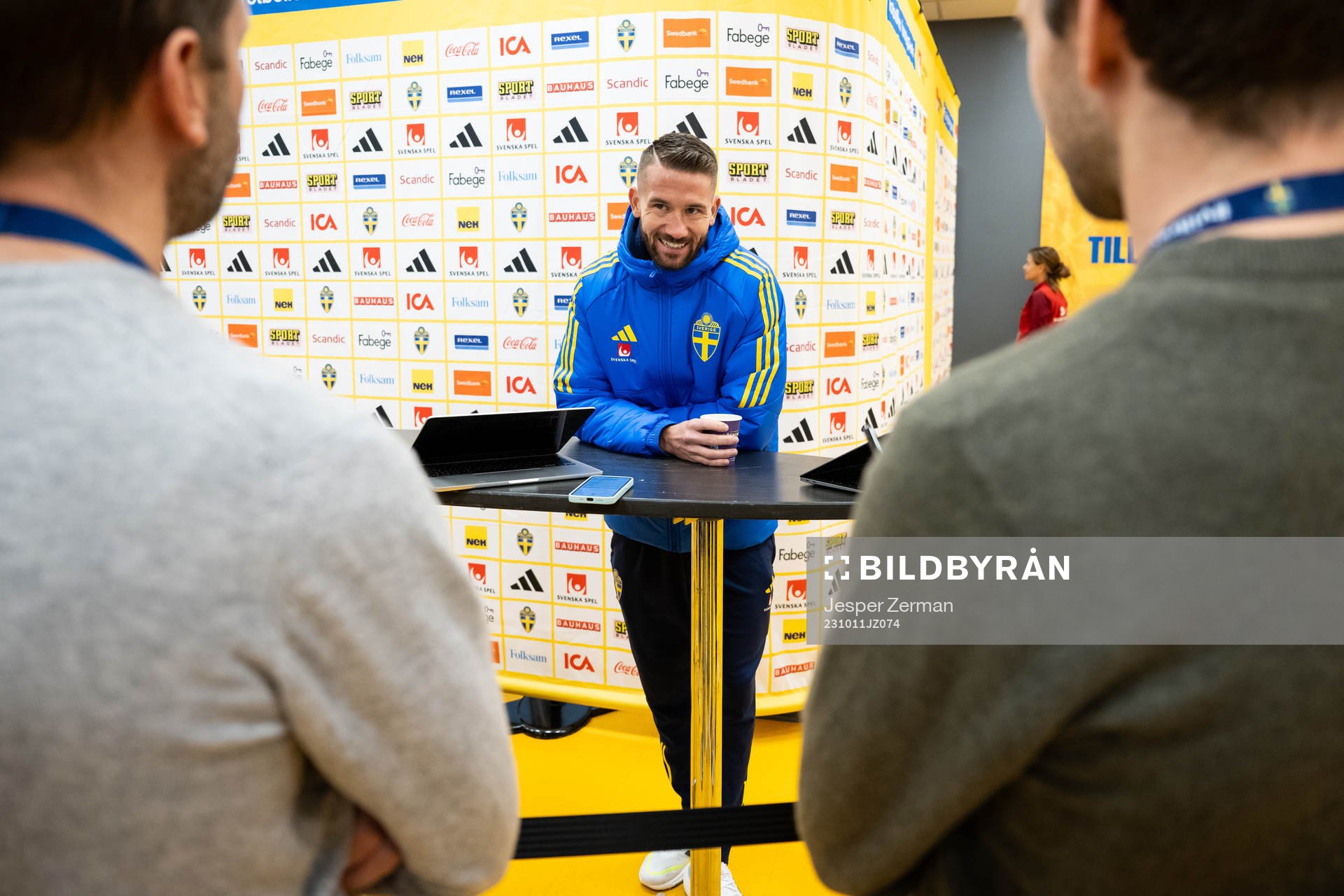 Marcus Rohdén of the Swedish national football team speaks to media in the mixed zone on October 11, 2023 in Stockholm. 