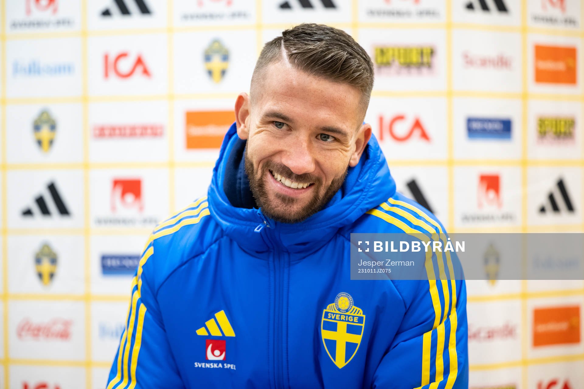 Marcus Rohdén of the Swedish national football team speaks to media in the mixed zone on October 11, 2023 in Stockholm. 