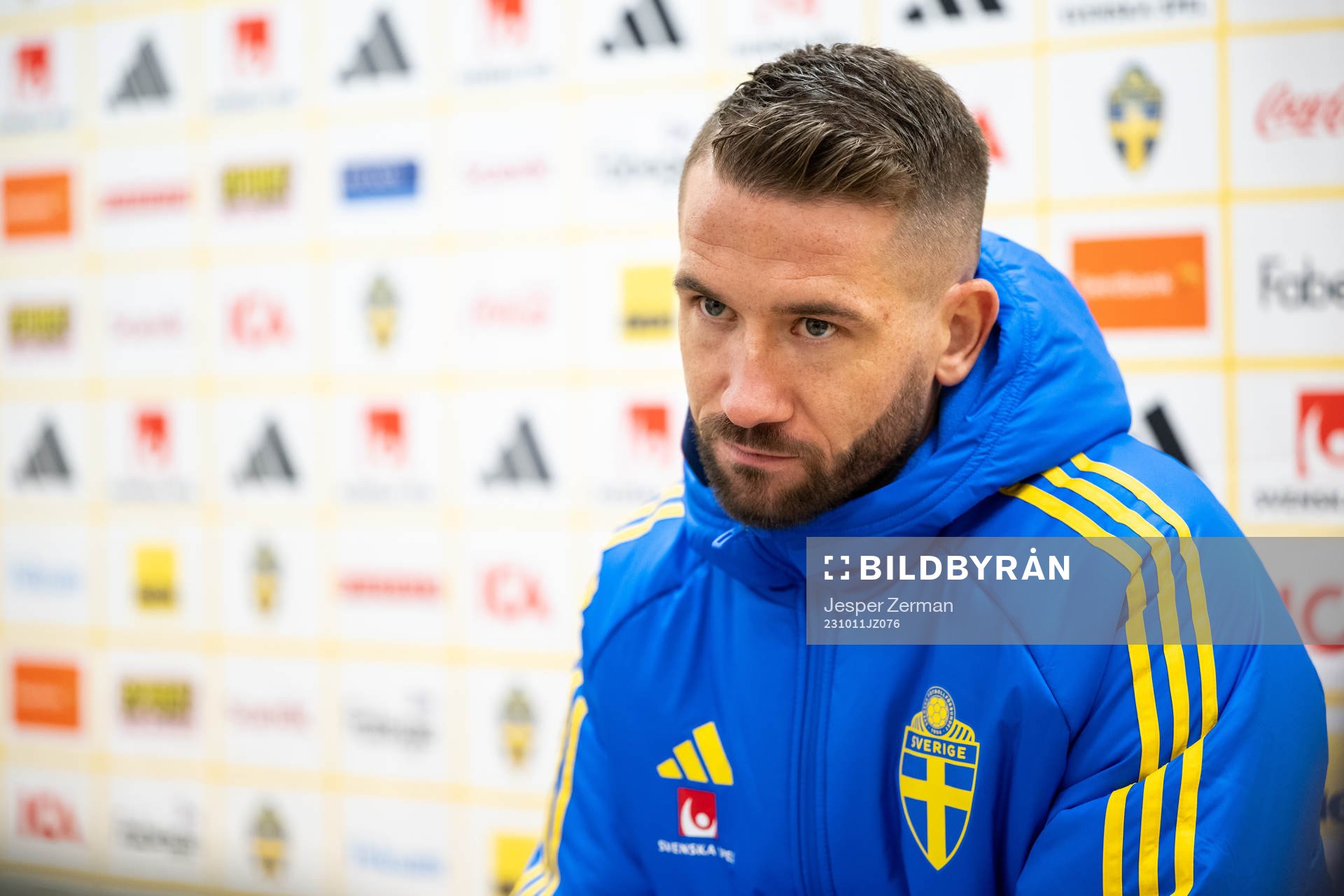 Marcus Rohdén of the Swedish national football team speaks to media in the mixed zone on October 11, 2023 in Stockholm. 