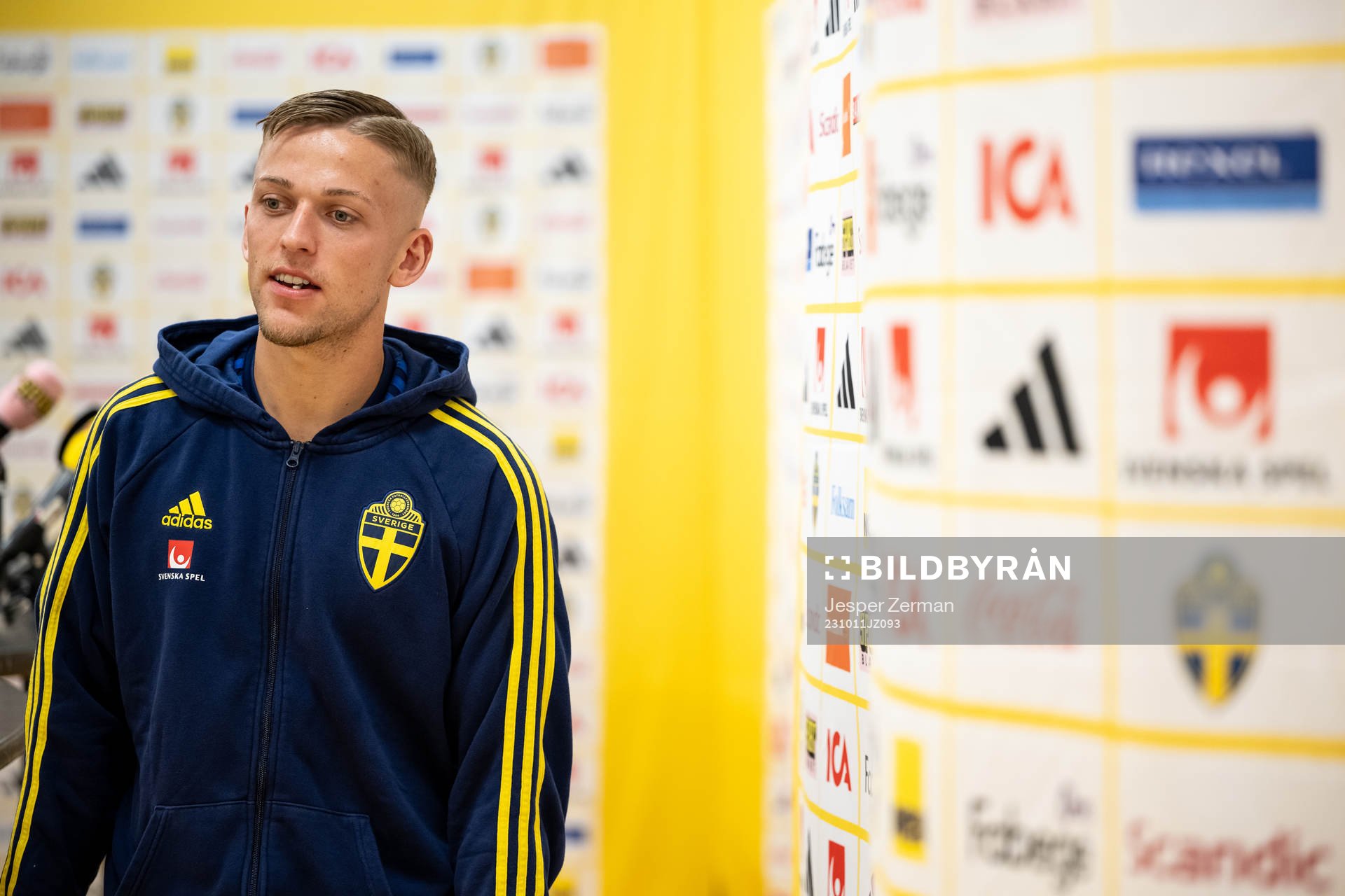 Jesper Karlsson of the Swedish national football team speaks to media in the mixed zone on October 11, 2023 in Stockholm. 